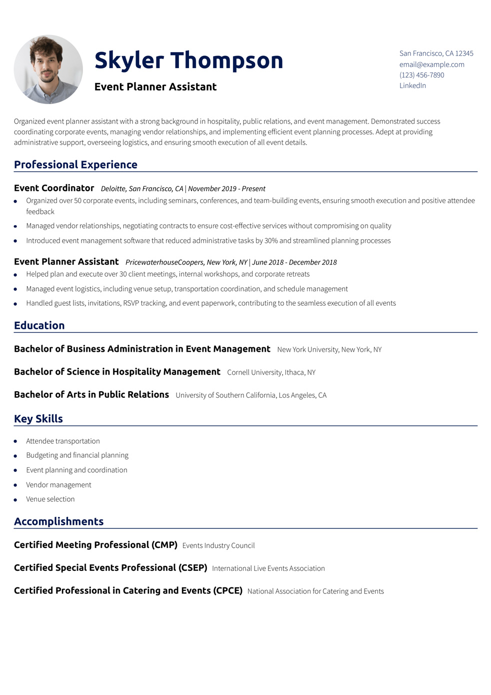Event Planner Assistant Resume Example