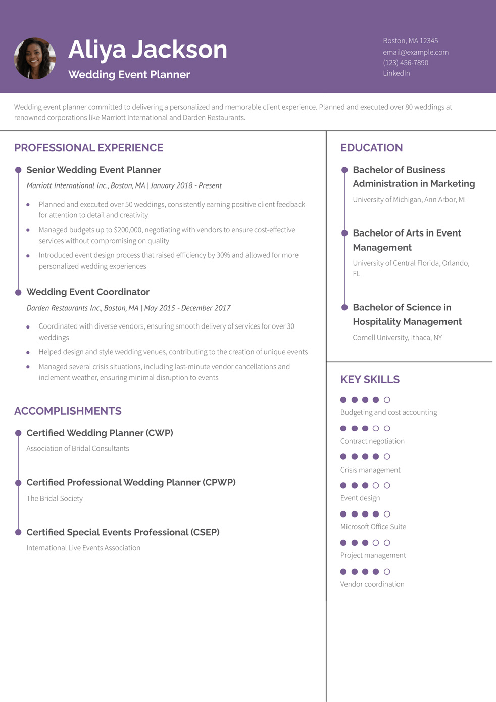 Wedding Event Planner Resume Example