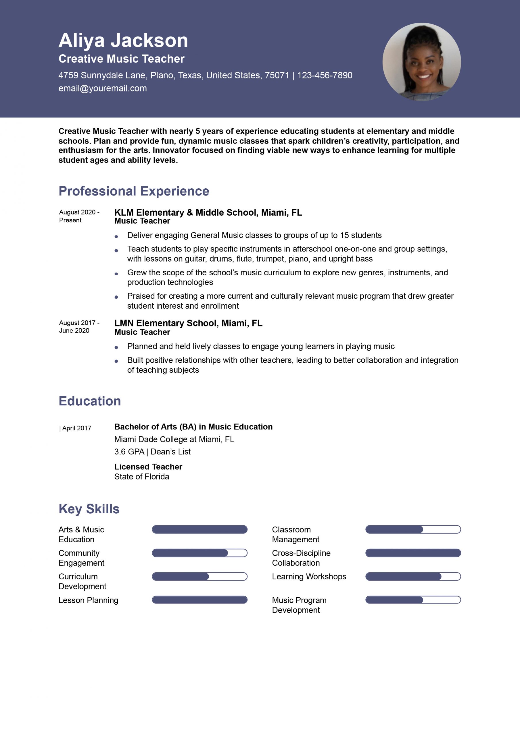 Music Teacher Resume Examples and Templates for 2024