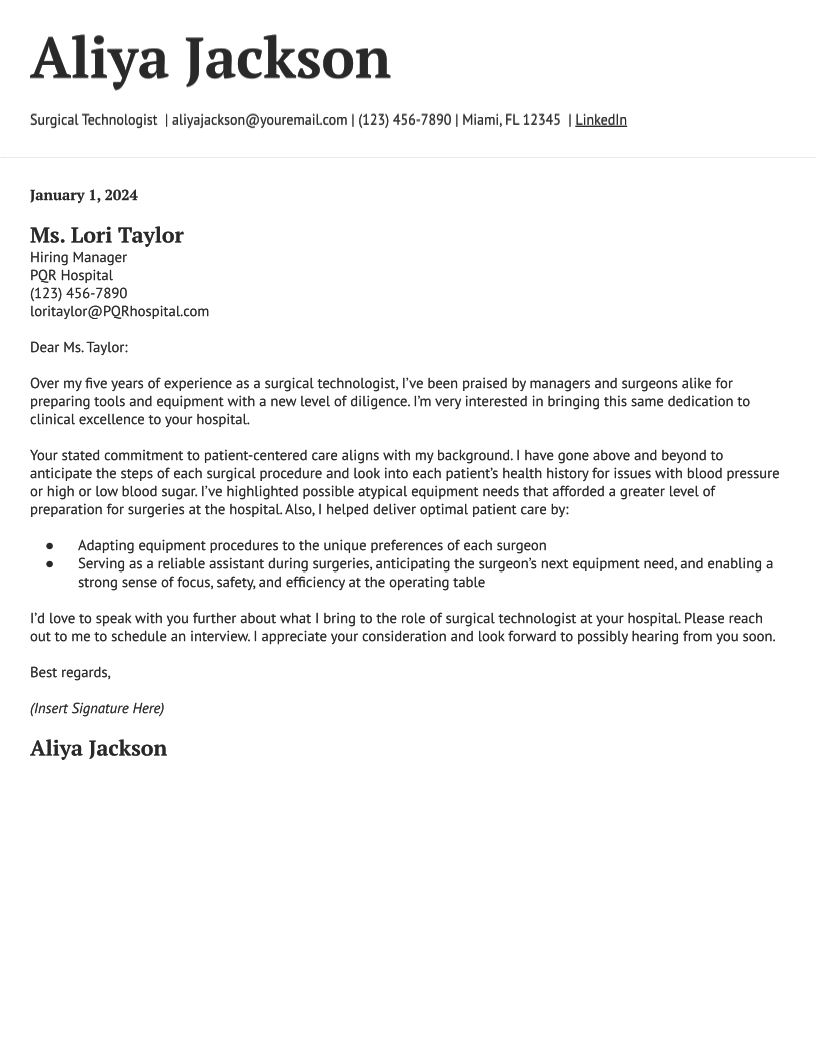 Surgical Technologist Cover Letter Examples and Templates for 2024