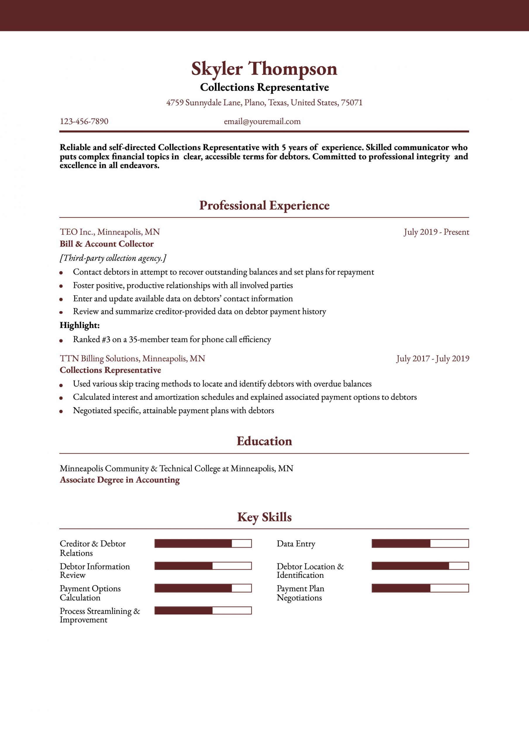 Collections Representative Resume Examples and Templates for 2024