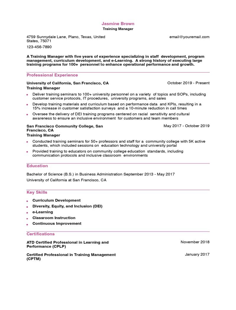 Training Manager Resume Examples and Templates for 2024