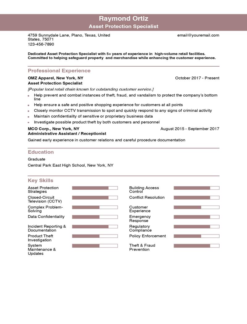 Asset Protection Specialist Resume Examples and Templates for 2024