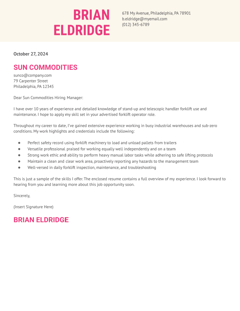Forklift Operator Cover Letter Examples and Templates for 2024