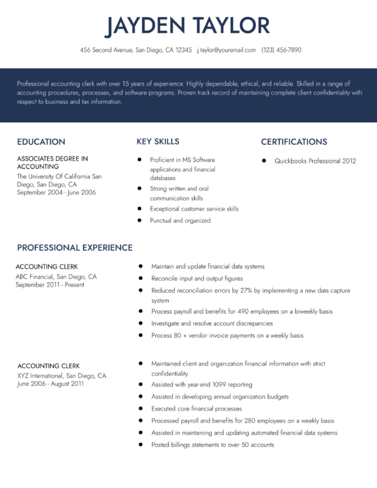 Accounting Clerk Resume Examples And Templates For 2024 ResumeBuilder Com   Accounting Clerk Resume Examples And Templates For 2023 768x994 