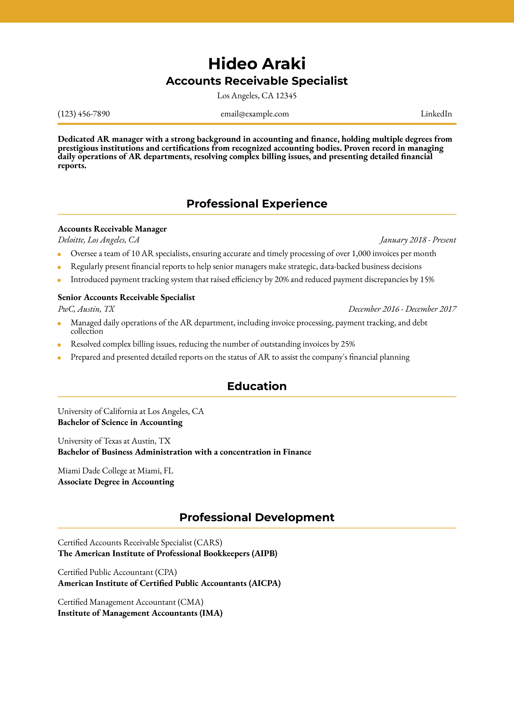 Accounts Receivable Specialist Resume Example