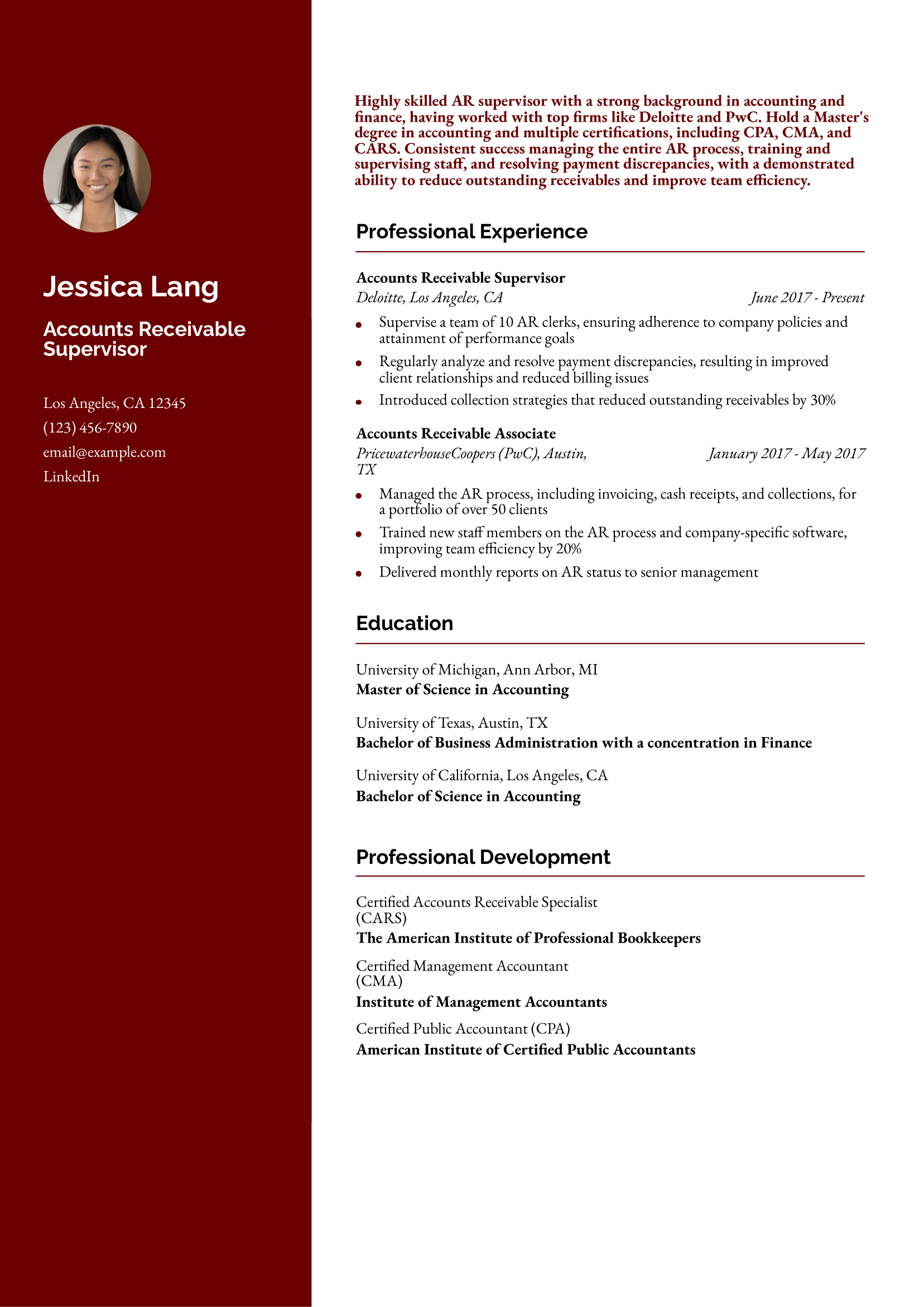 Accounts Receivable Supervisor Resume Example