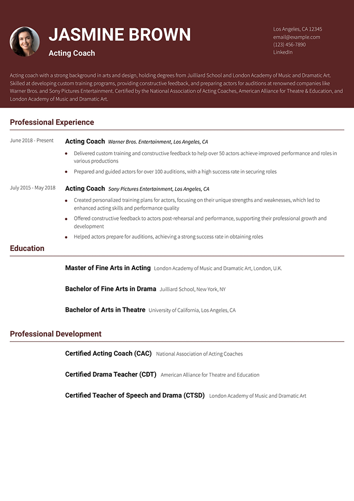 Acting Coach Resume Example