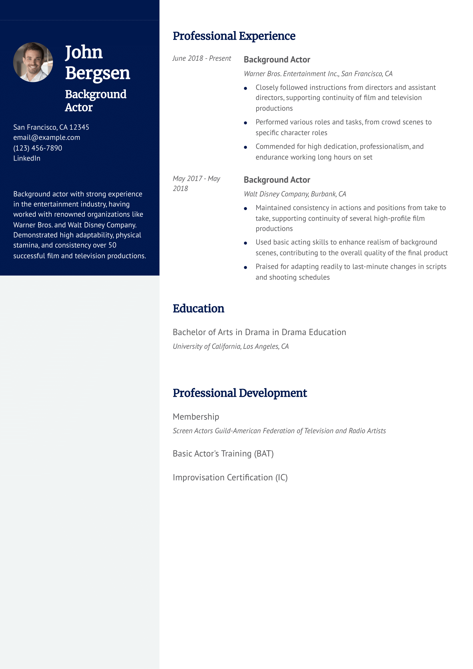 Background Actor Resume Example