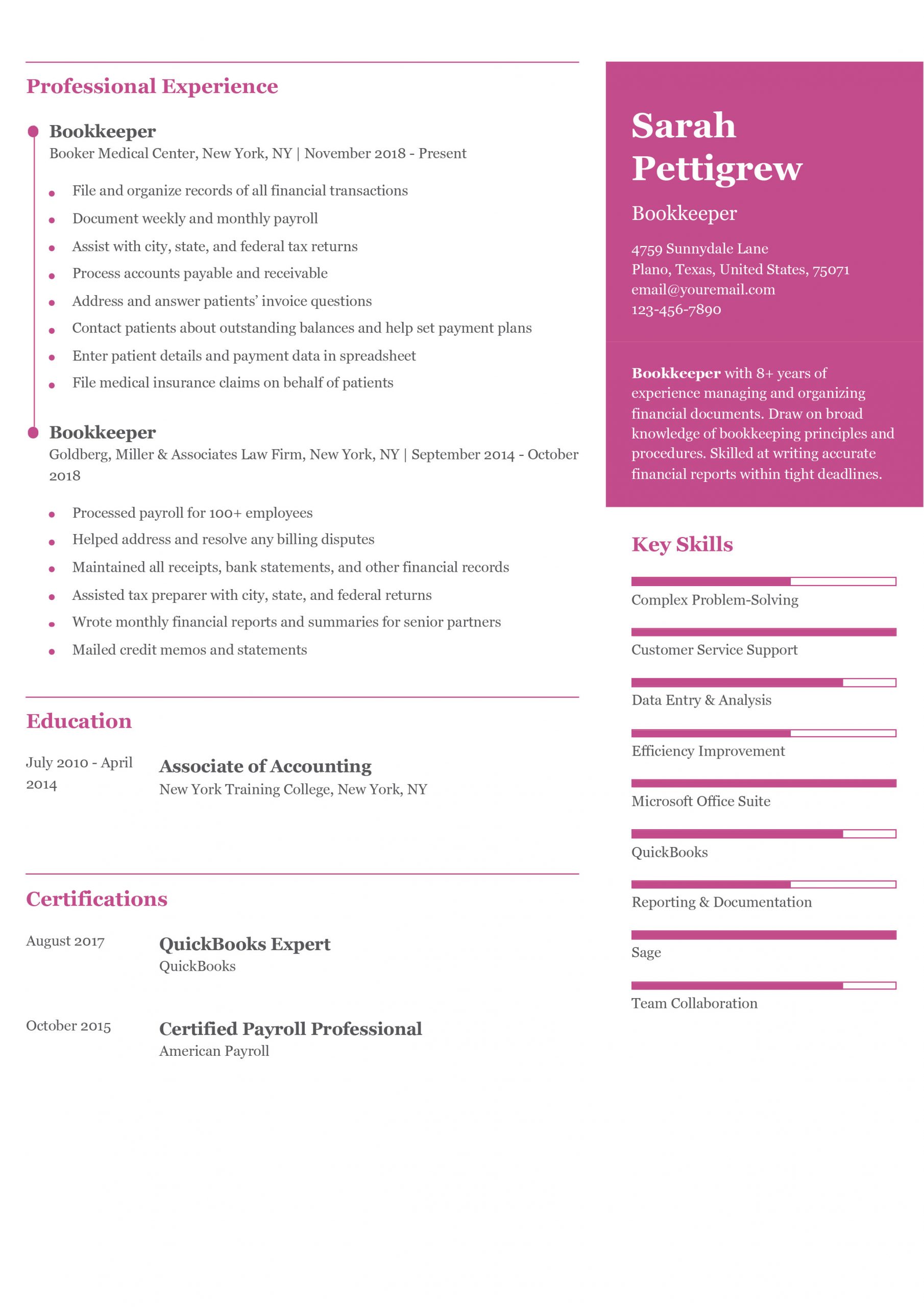 Bookkeeper Resume Examples and Templates for 2024