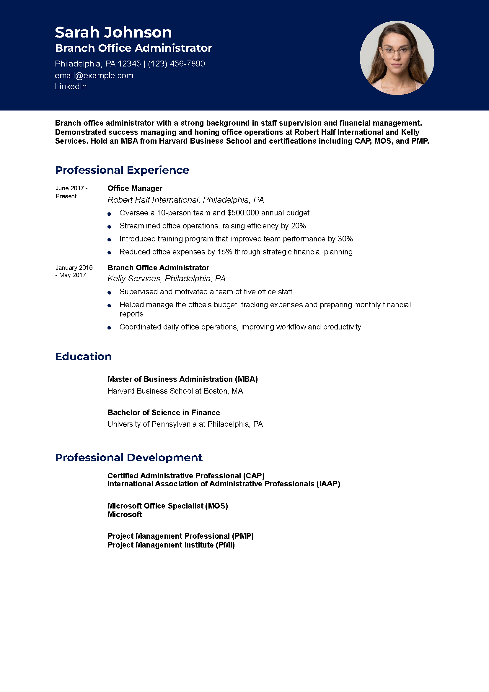 Branch Office Administrator Resume Example