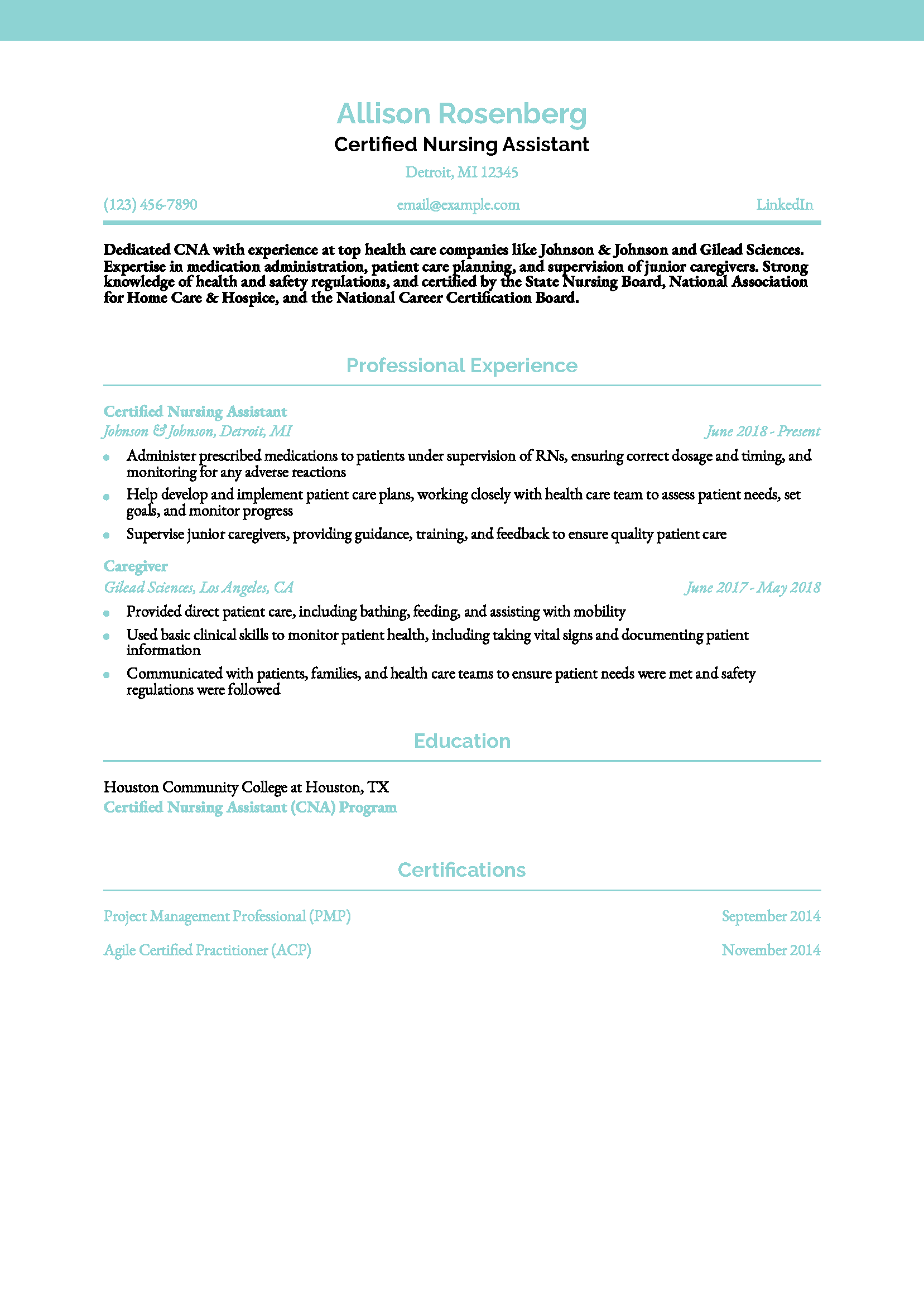 CNA Caregiver Resume Example