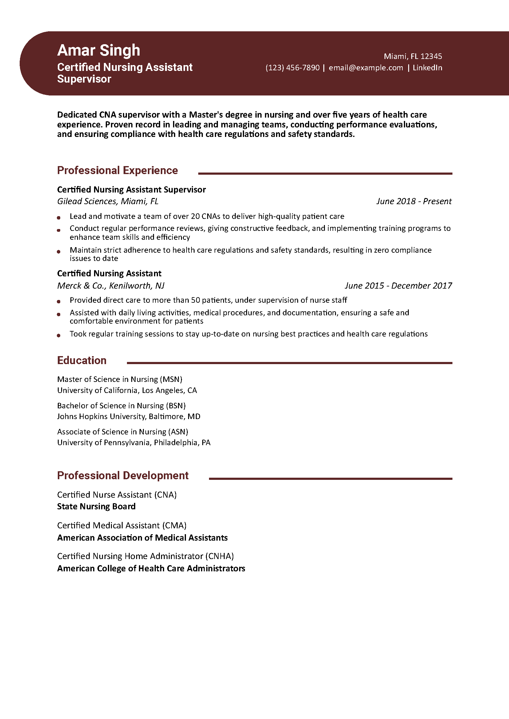 CNA Supervisor Resume Example