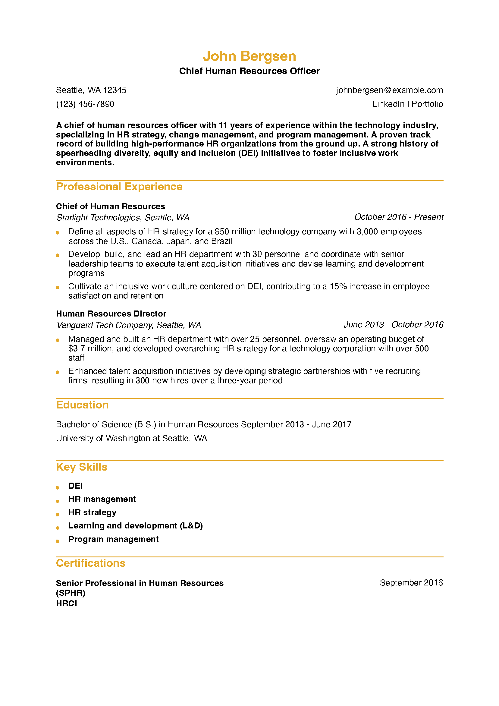 Chief Human Resources Officer Resume Example