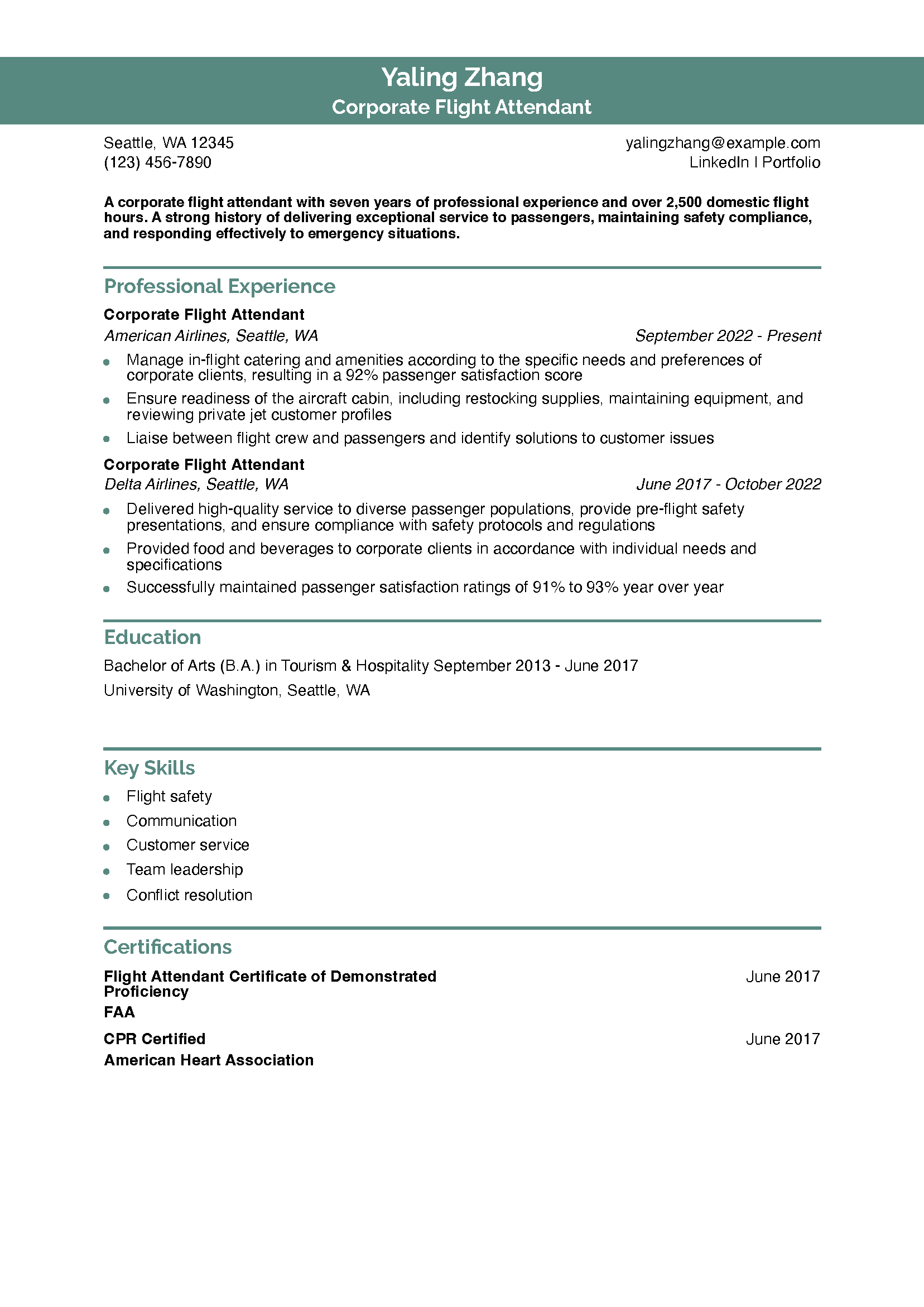 Corporate Flight Attendant Resume Example