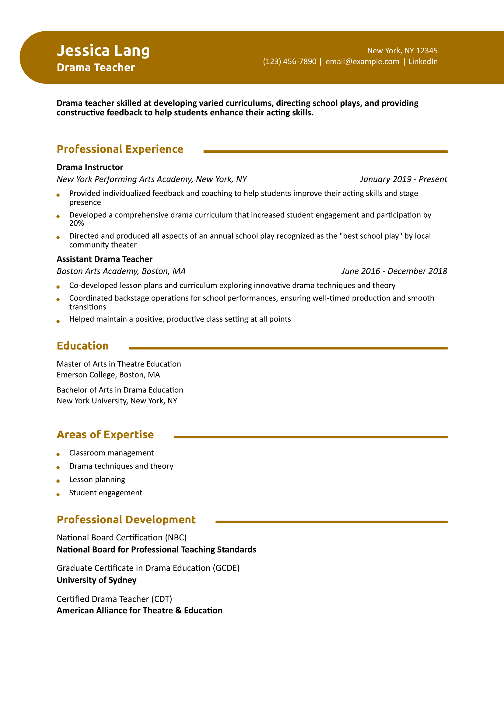 Drama Teacher Resume Example