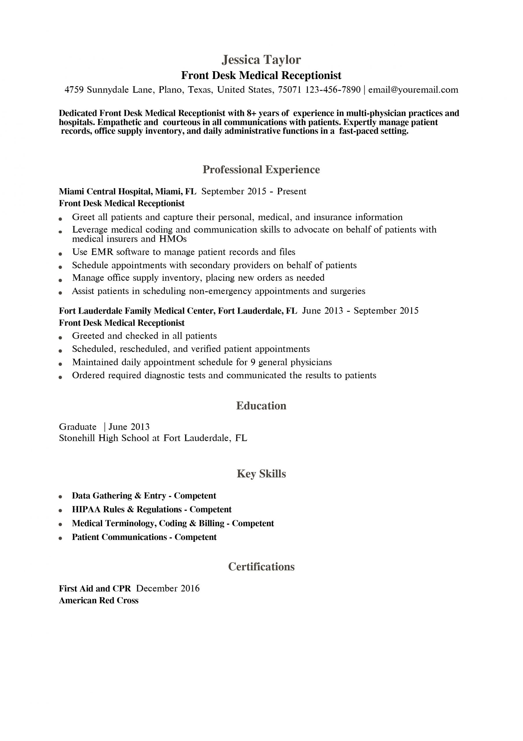 Front Desk Medical Receptionist Resume Examples and Templates for 2024