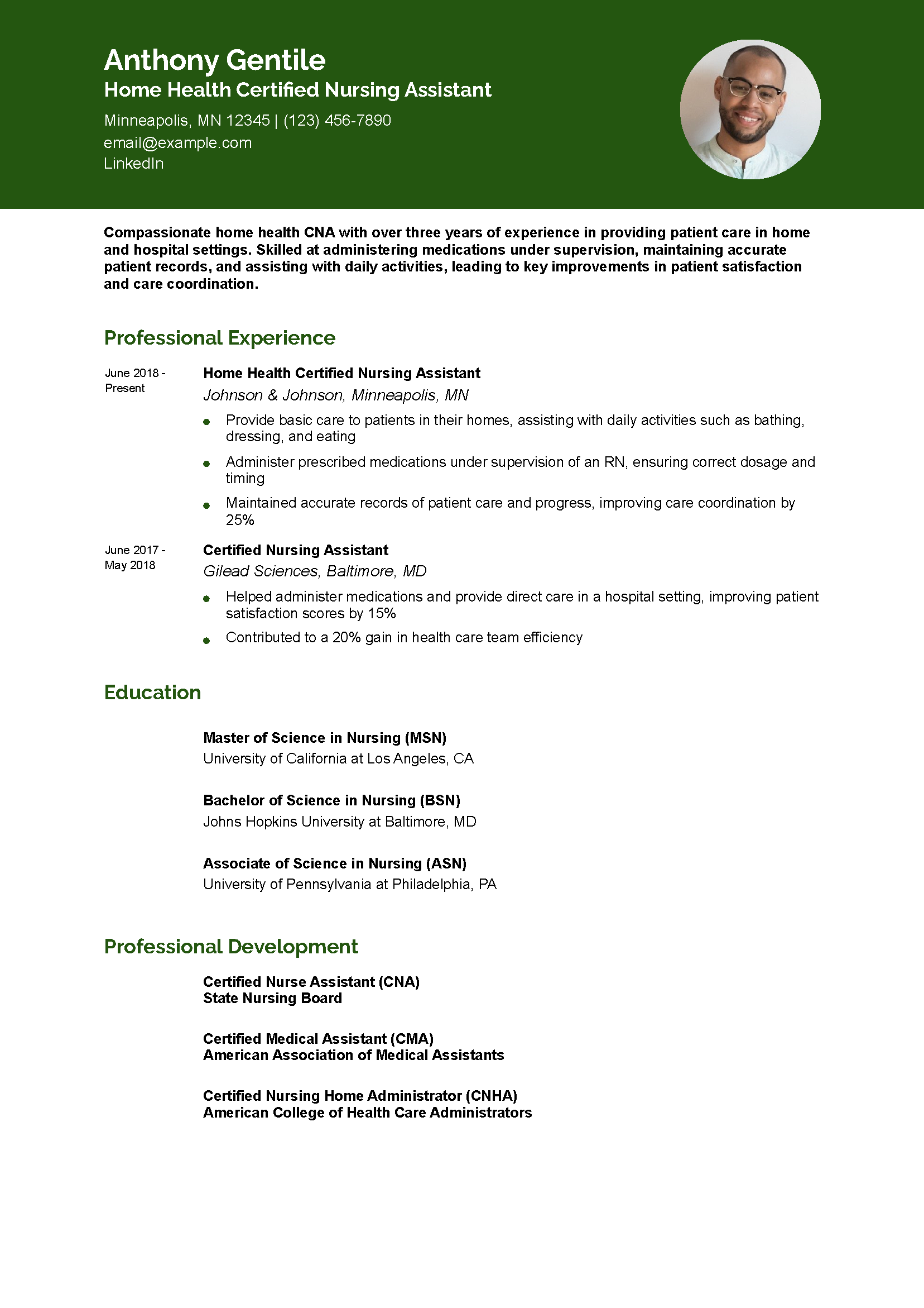 Home Health CNA Resume Example