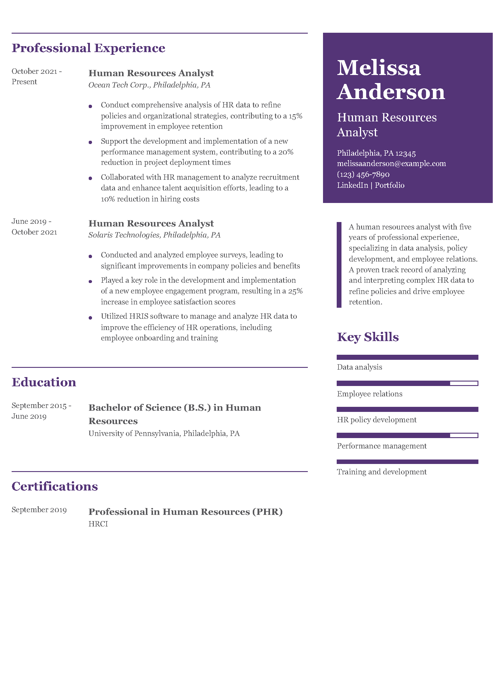 Human Resources Analyst Resume Example