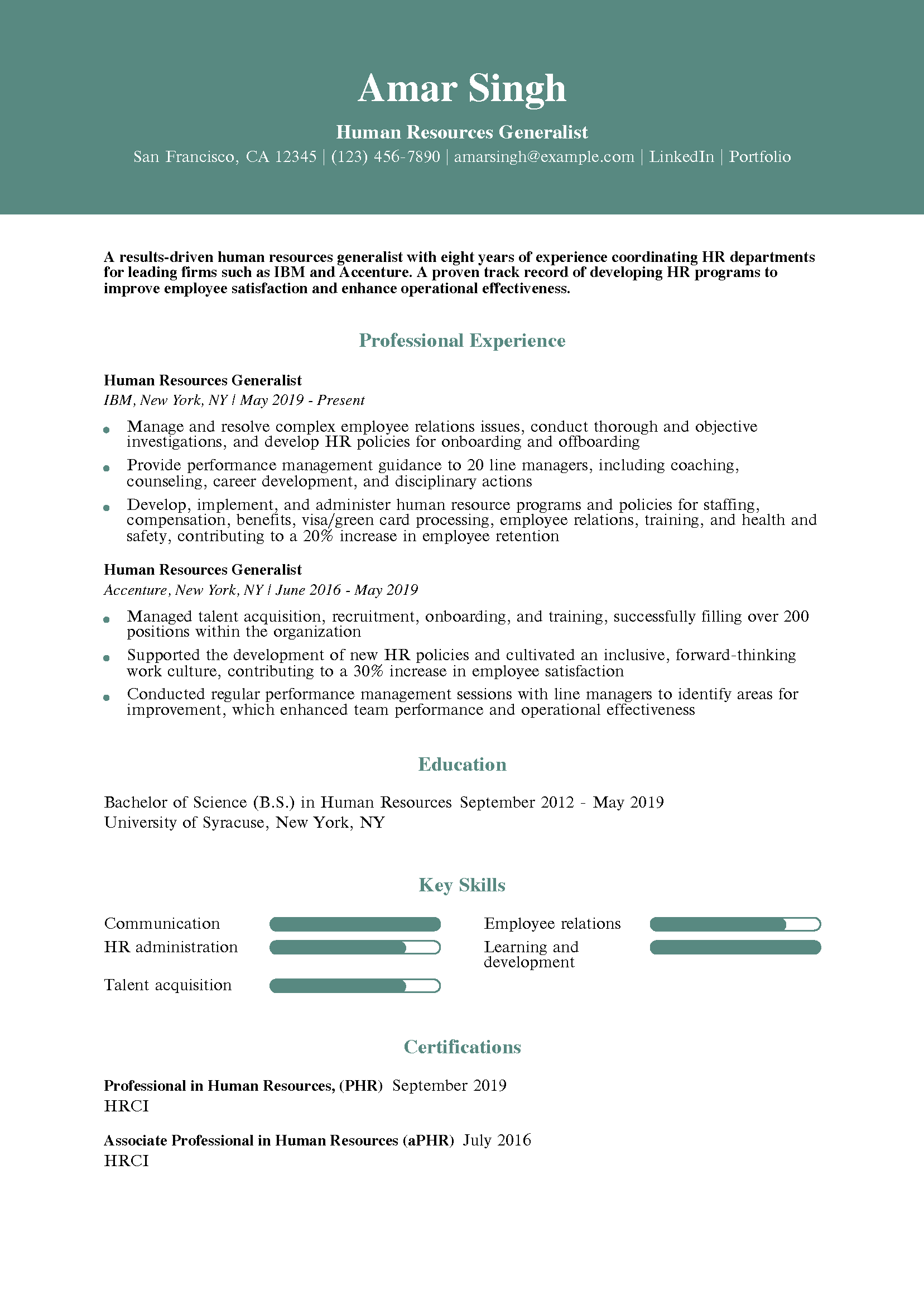 Human Resources Generalist Resume Example