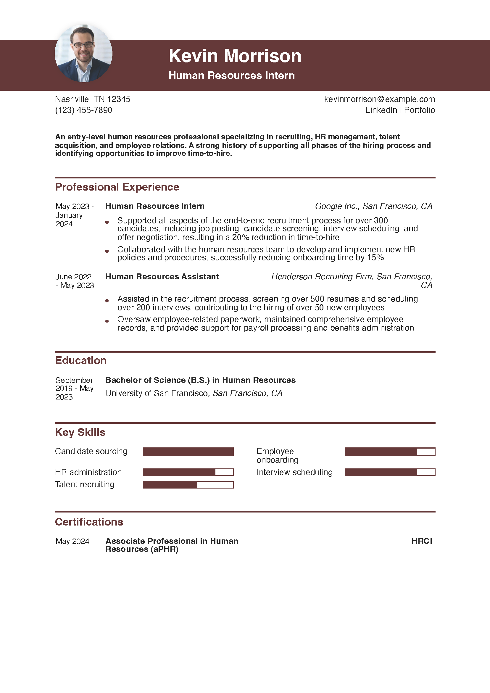 Human Resources Intern Resume Example