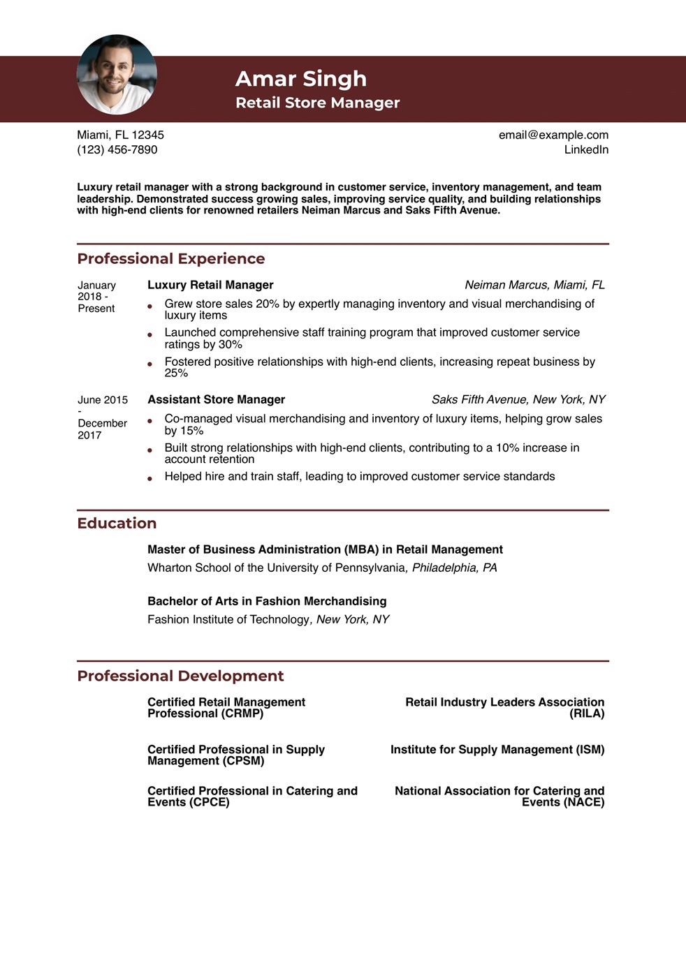 Luxury Retail Manager Resume Example