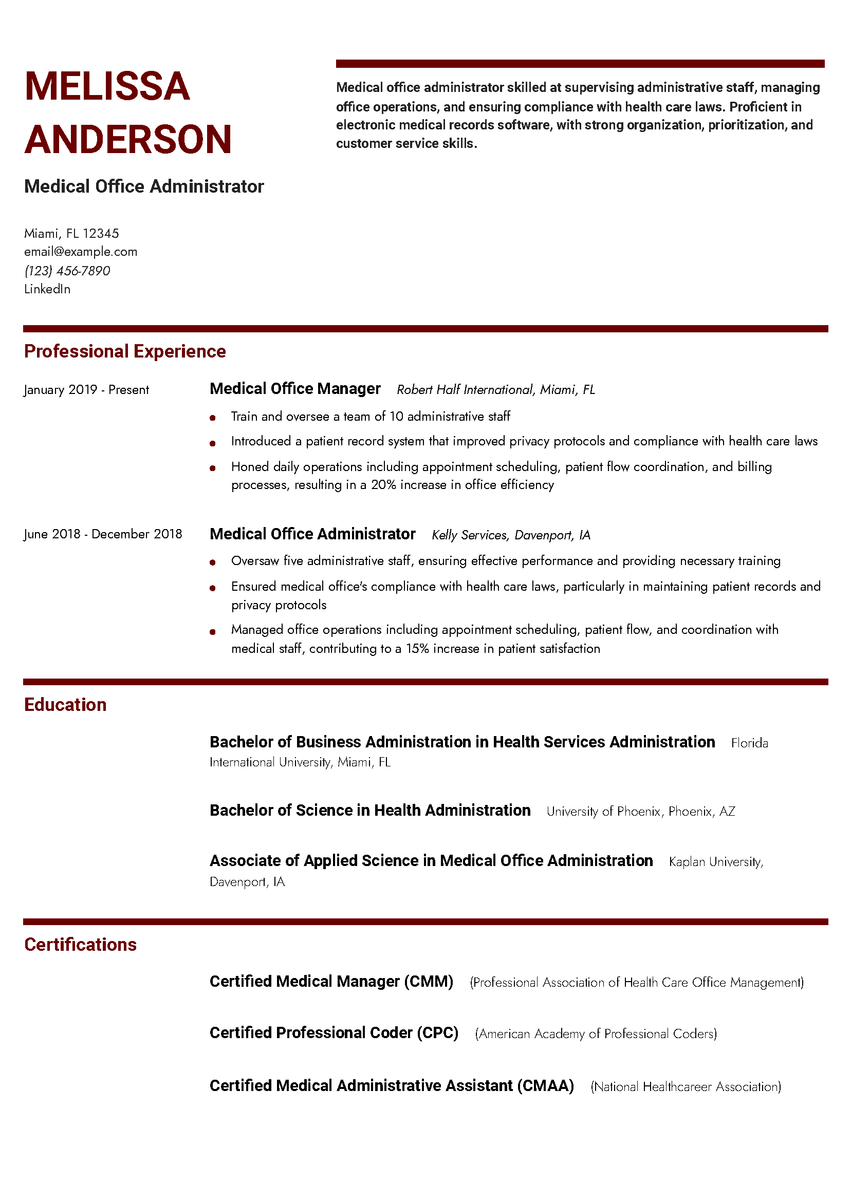 Medical Office Administrator Resume Example