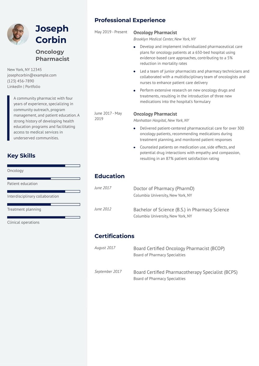 Oncology Pharmacist Resume Example