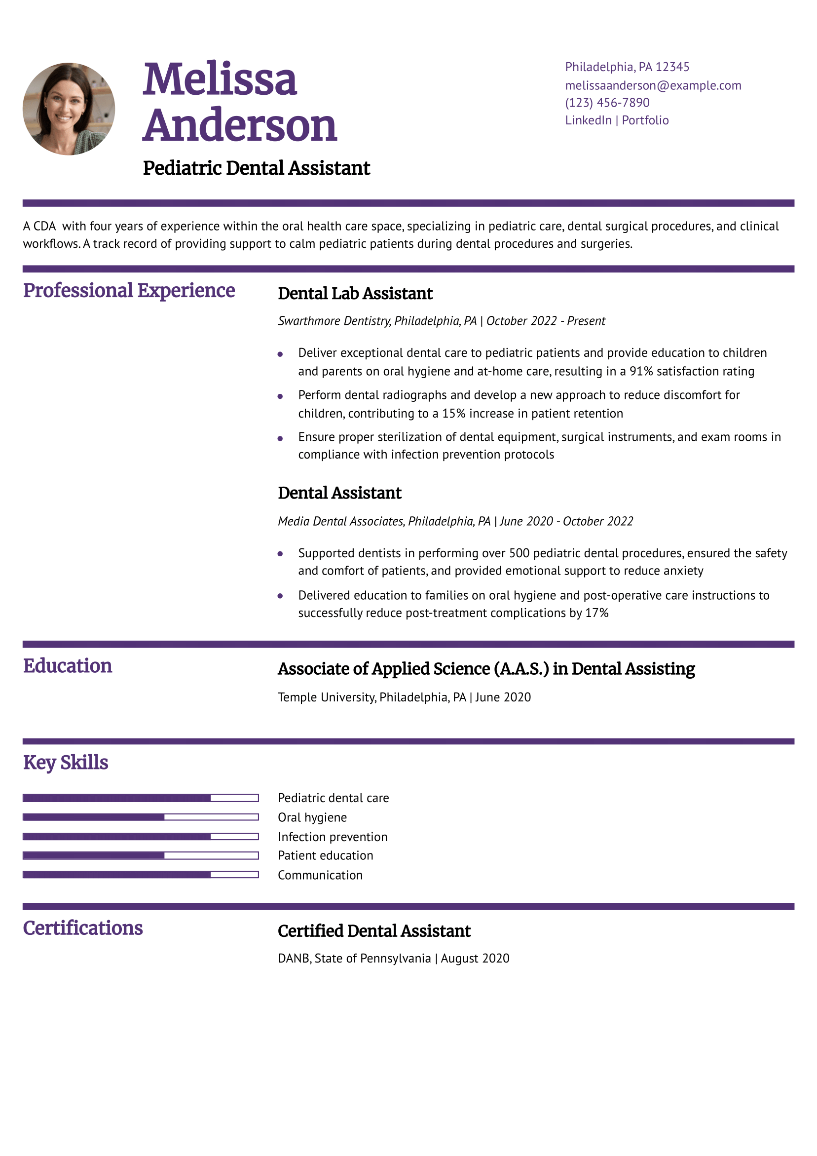 Pediatric Dental Assistant Resume Example