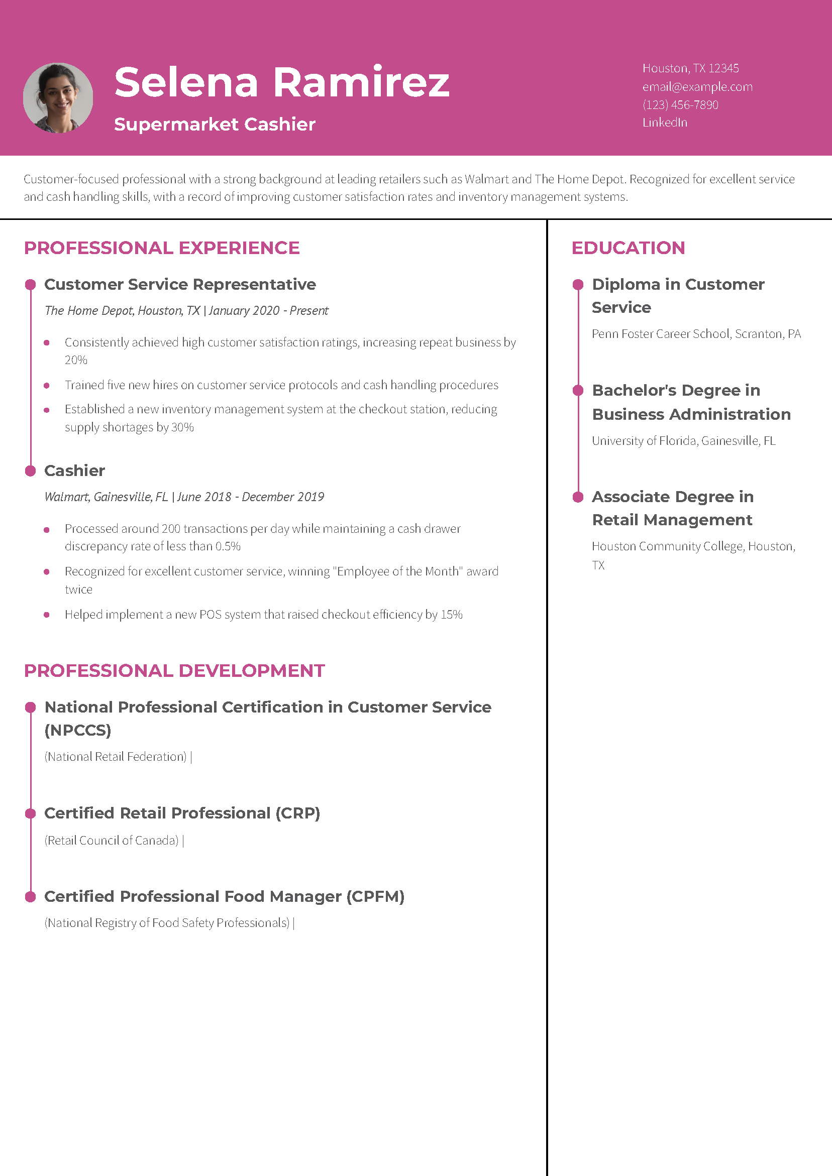 Supermarket Cashier Resume Example