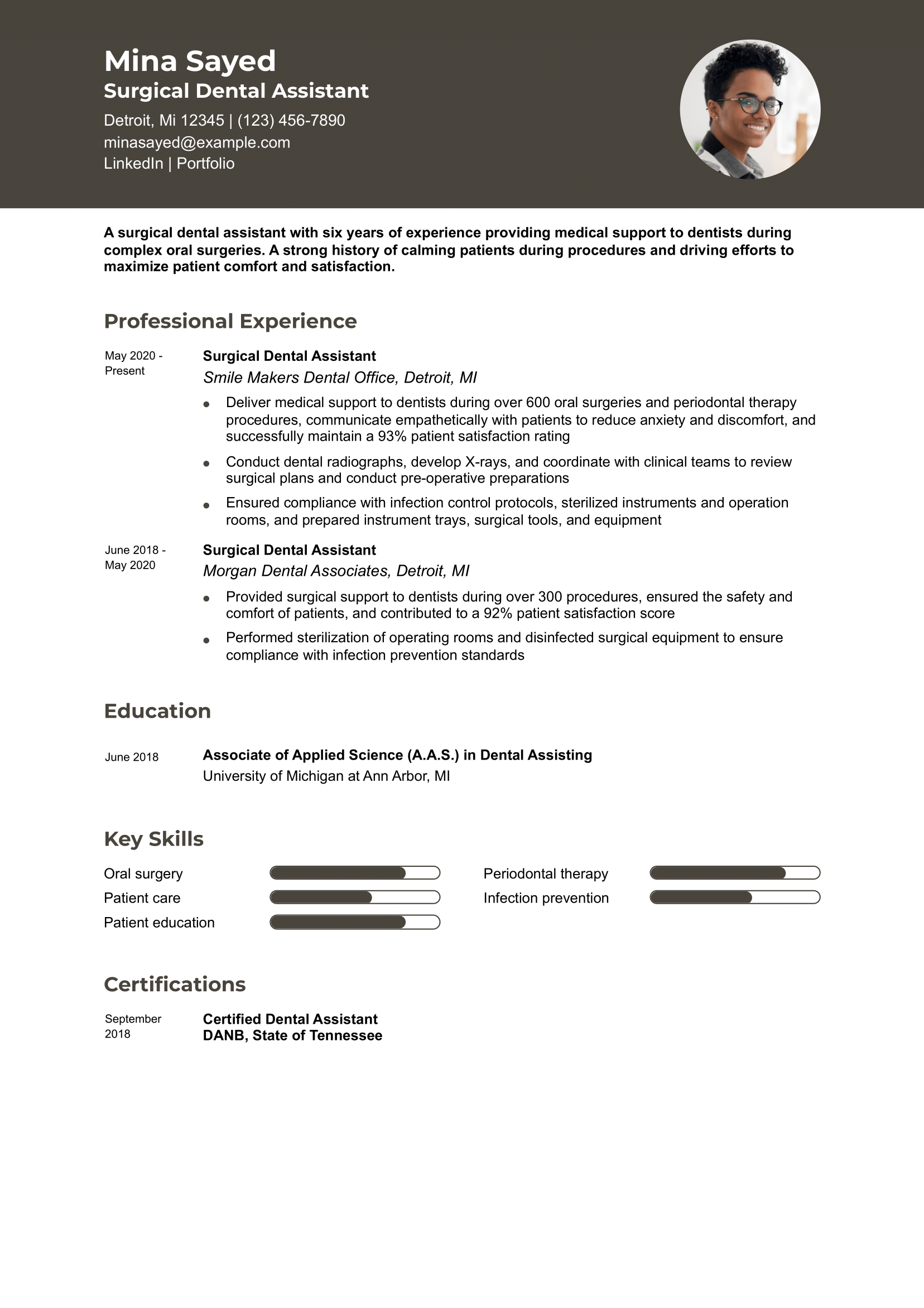 Surgical Dental Assistant Resume Example