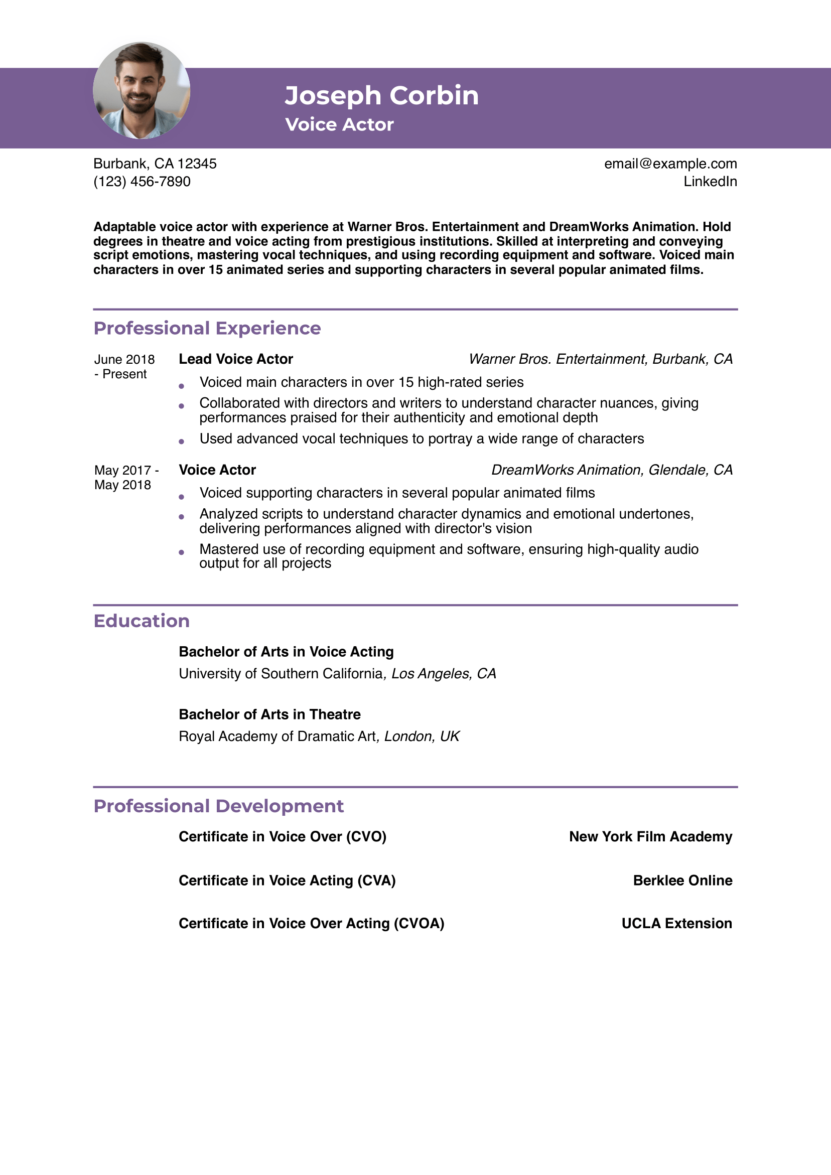 Voice Actor Resume Example