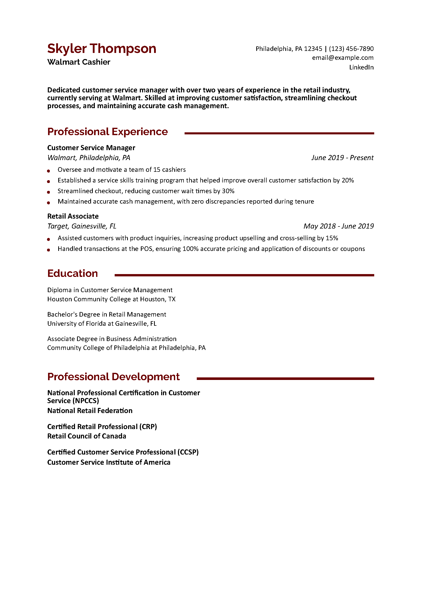 Walmart Cashier Resume Example