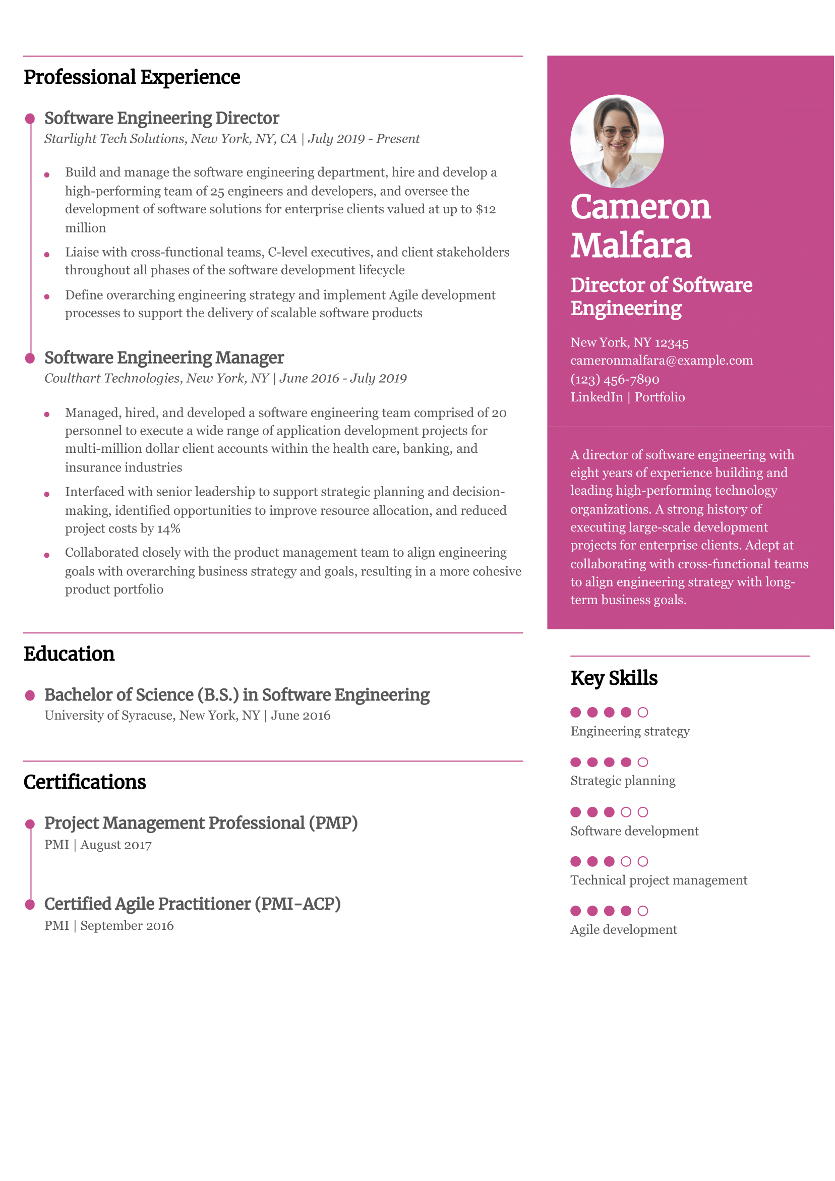 Director of Software Engineering Resume Example