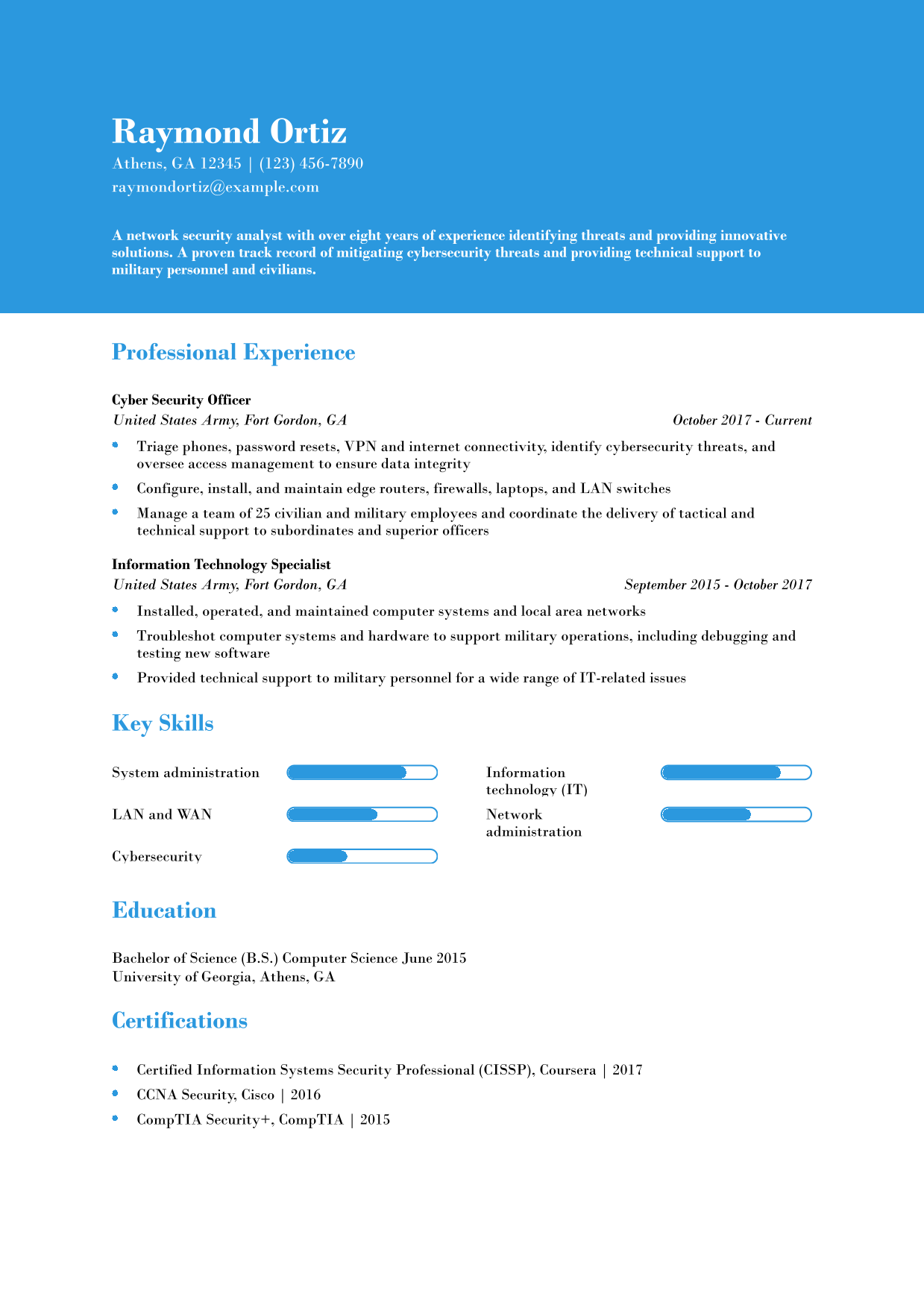 Military-to-Civilian Network Security Analyst Resume Example