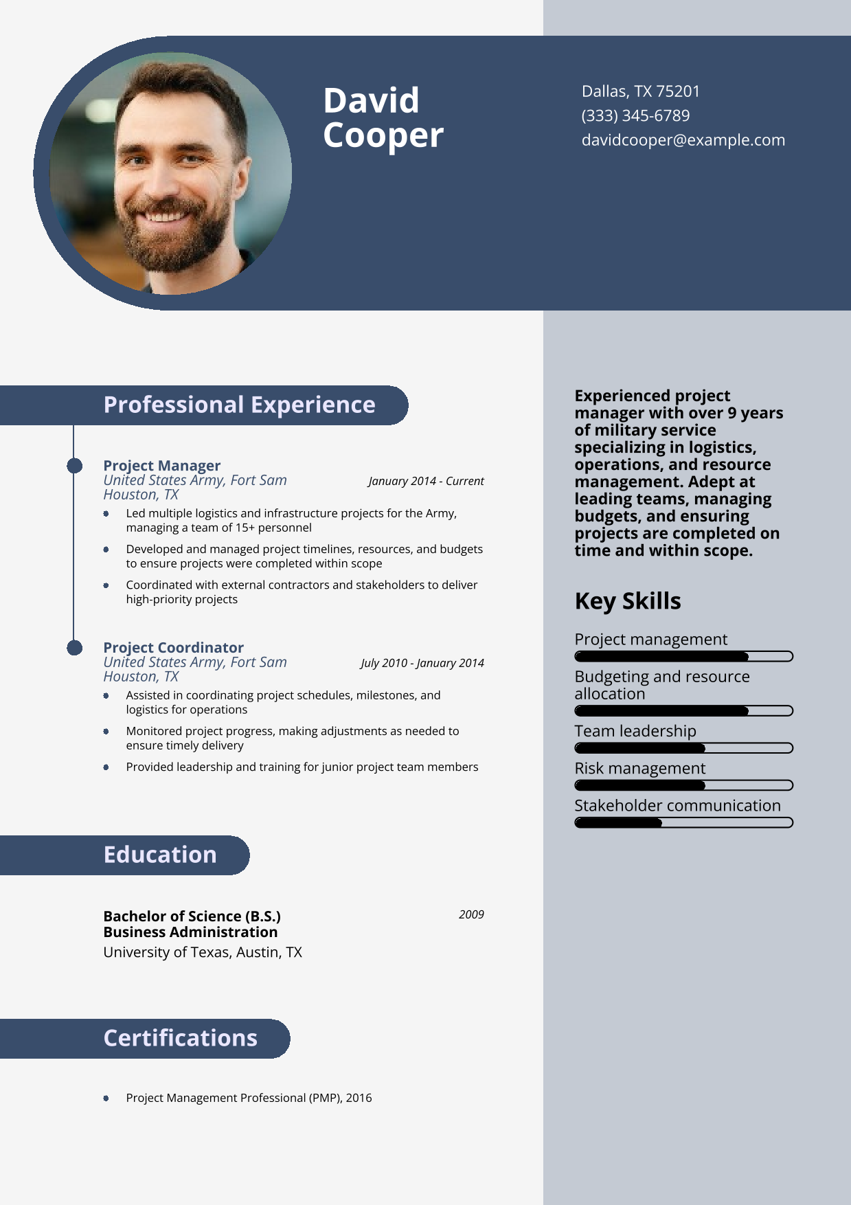 Military-to-Civilian Project Manager Resume Example