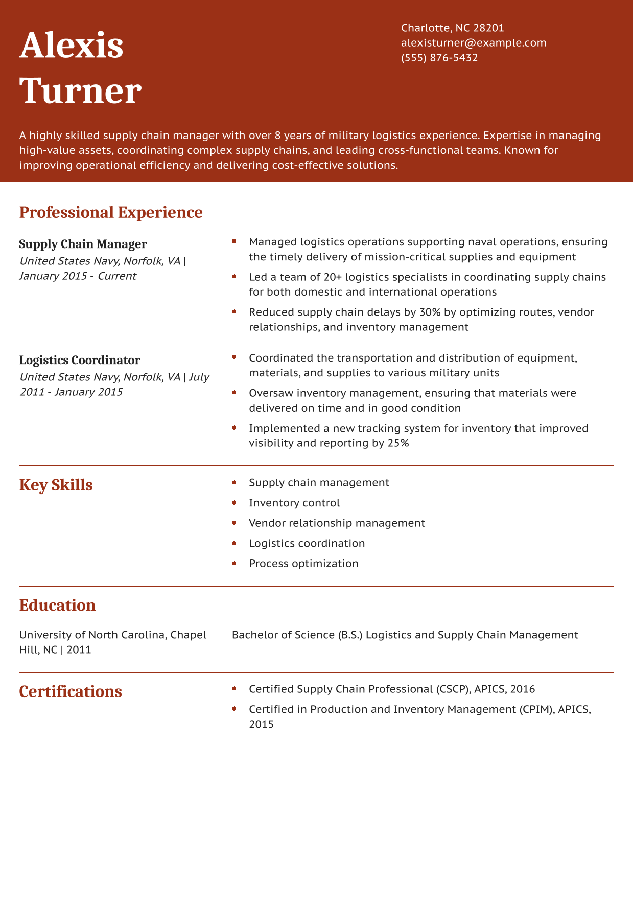 Military-to-Civilian Supply Chain Management Resume Example