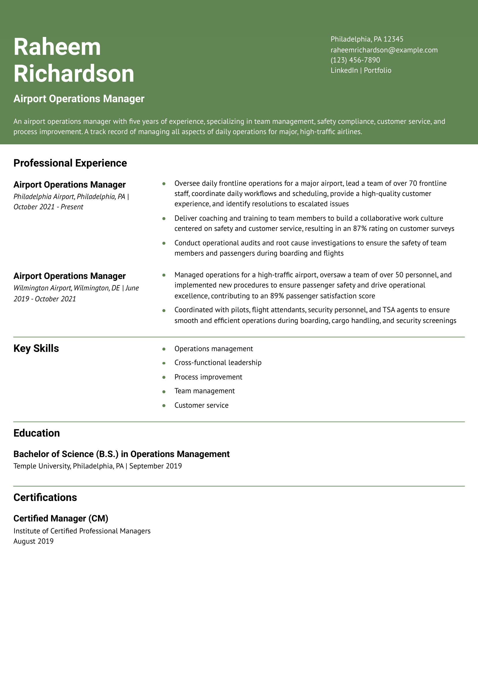 Airport Operations Manager Resume Example