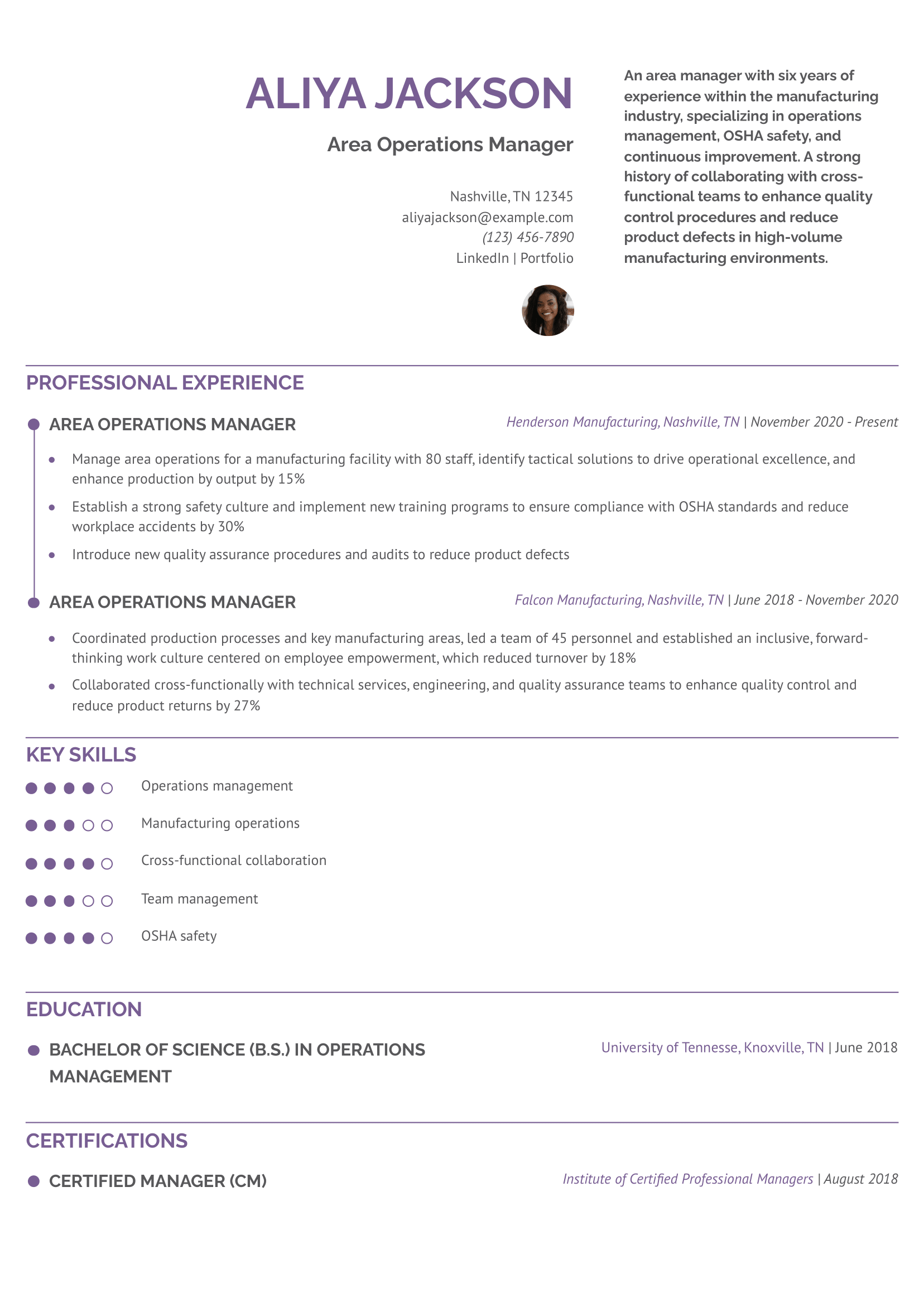 Area Operations Manager Resume Example