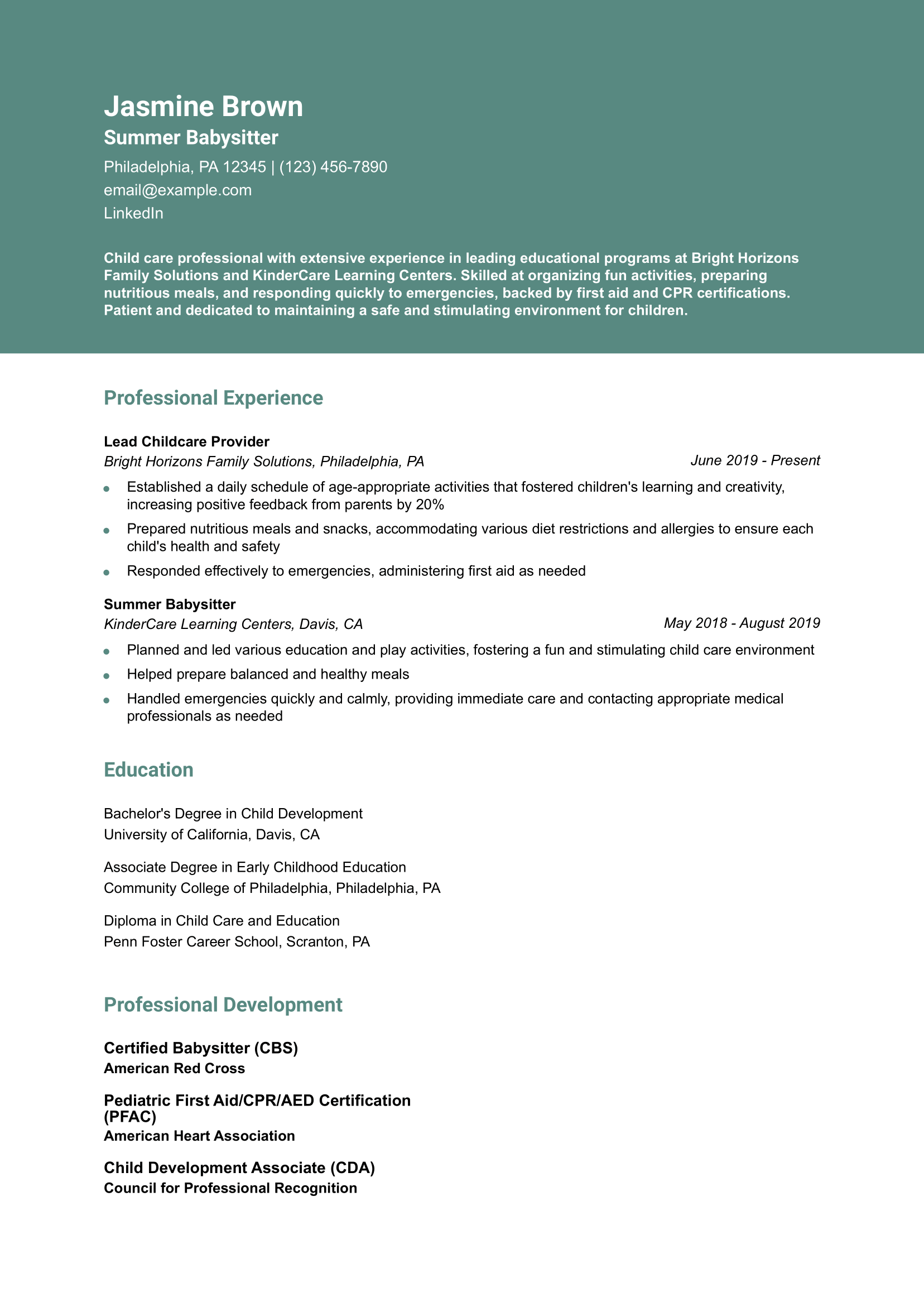 Summer Babysitter Resume Example