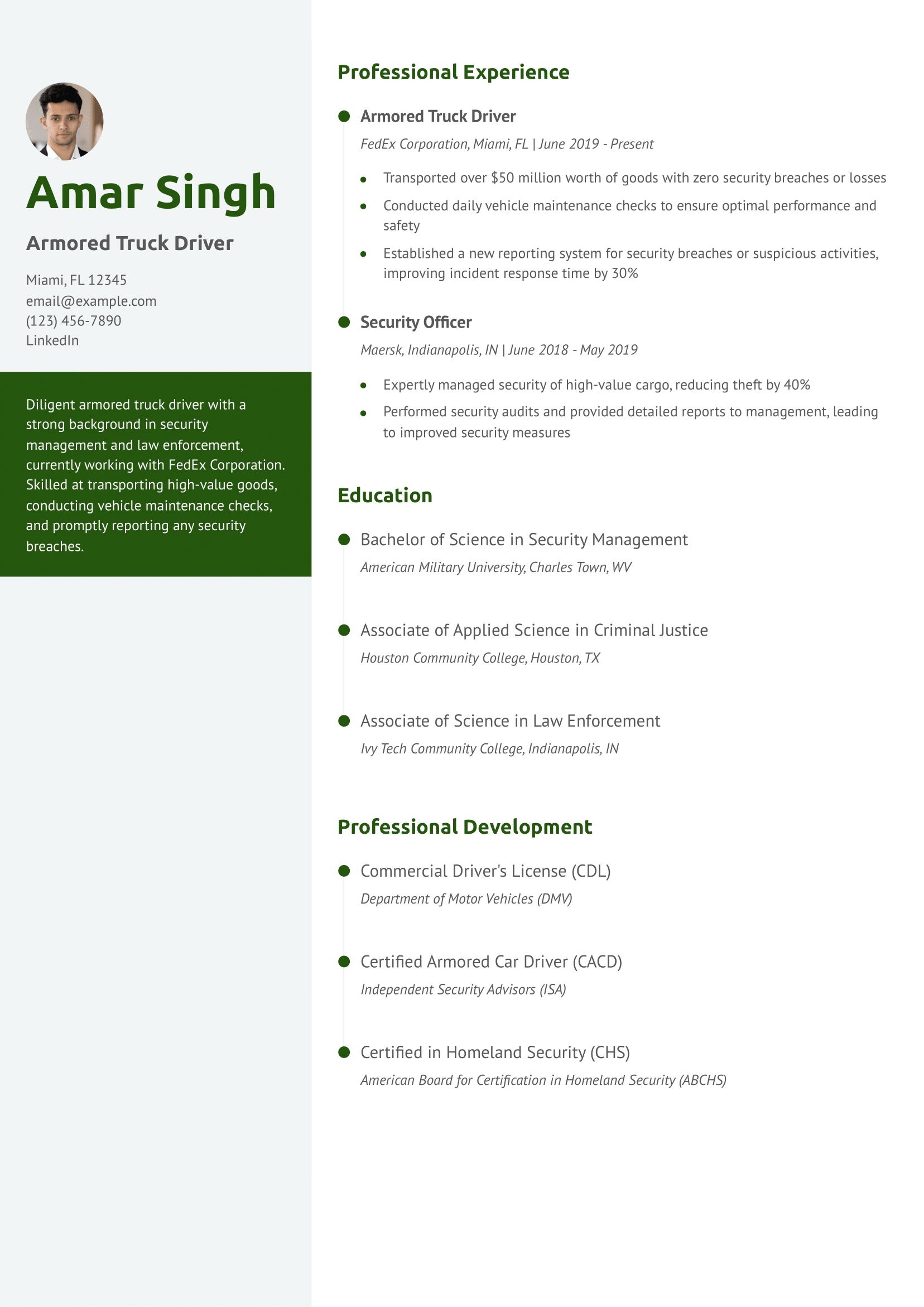 Armored Truck Driver Resume Example