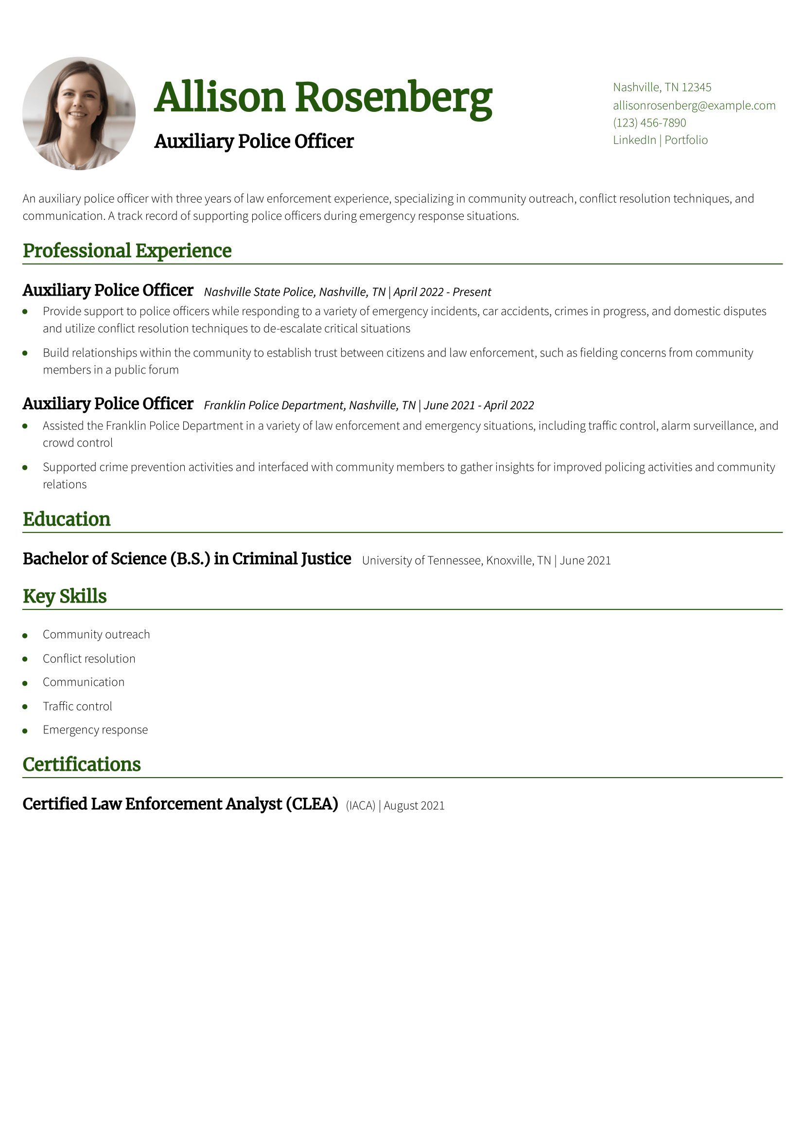 Auxiliary Police Officer Resume Example