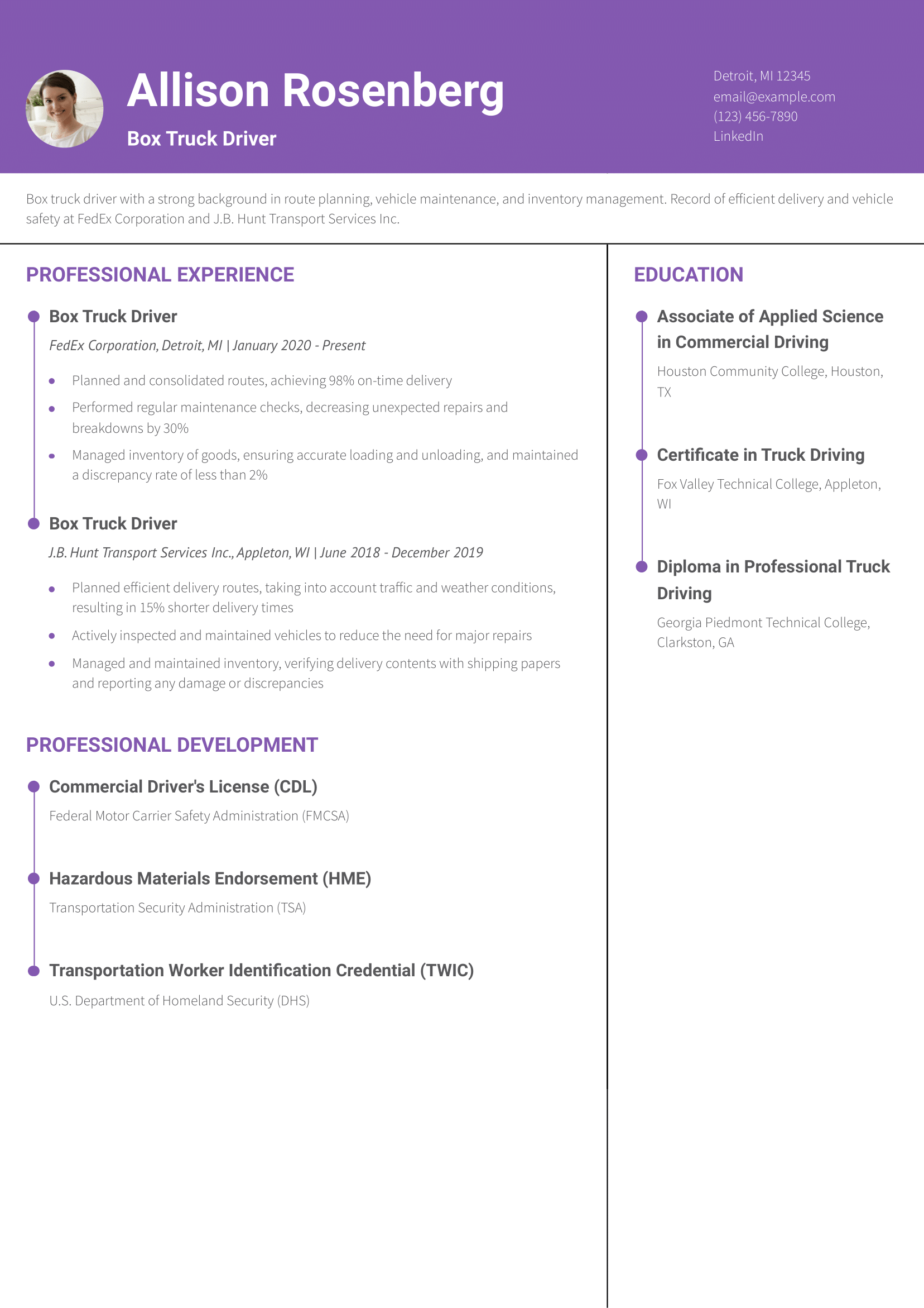 Box Truck Driver Resume Example