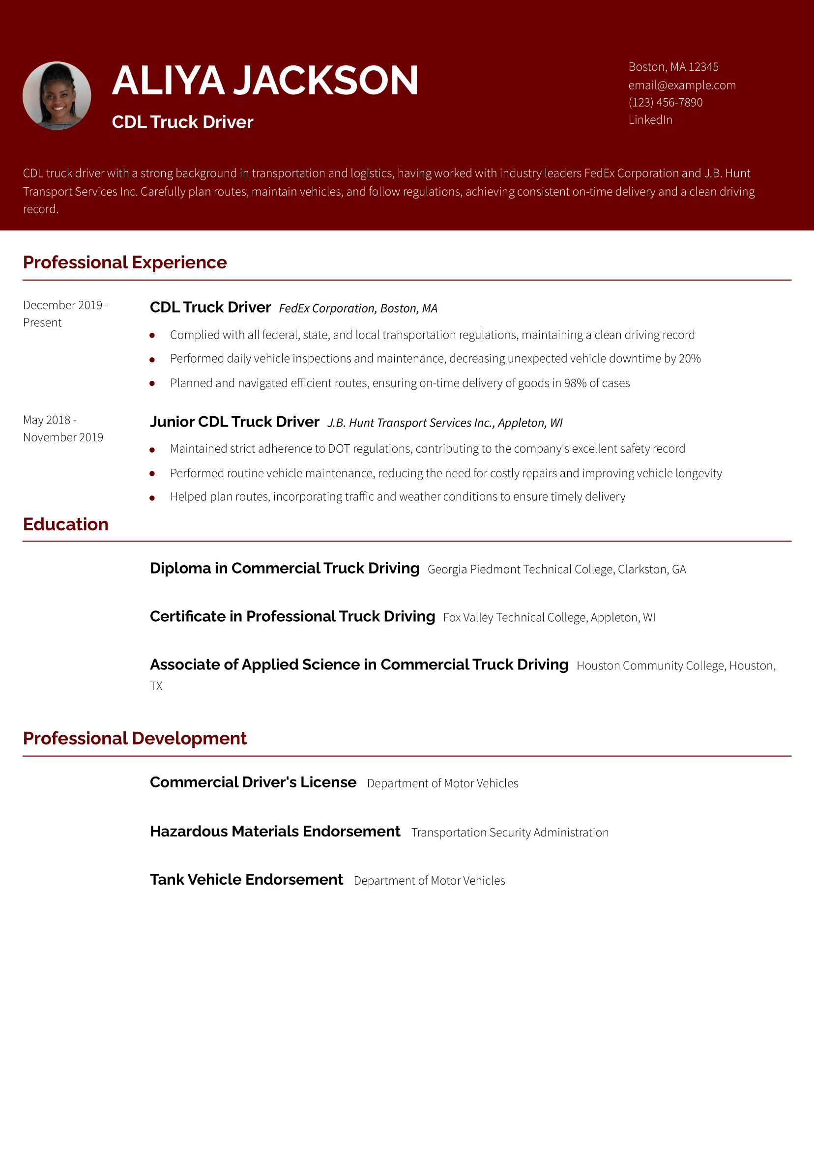 CDL Truck Driver Resume Example