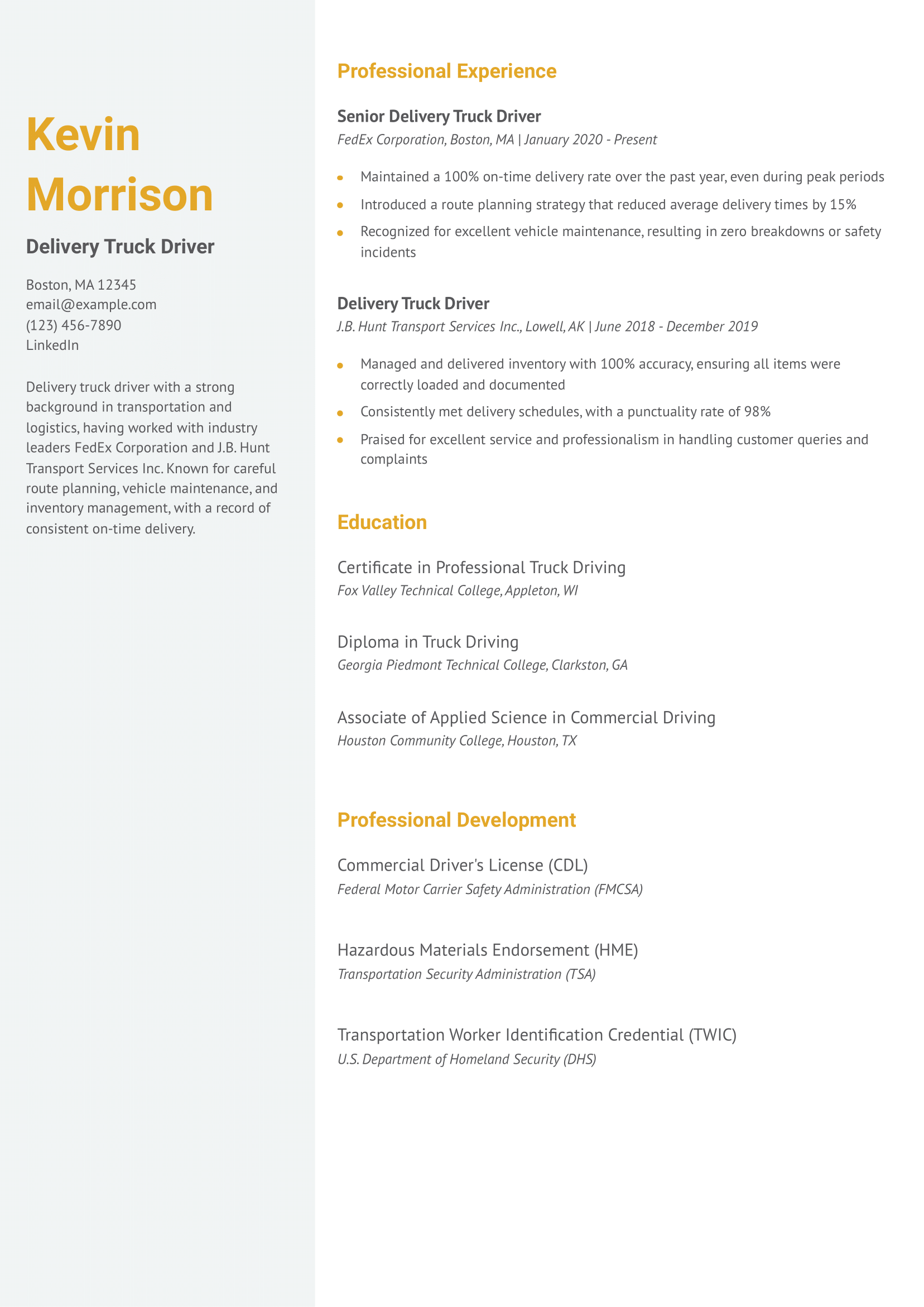 Delivery Truck Driver Resume Example