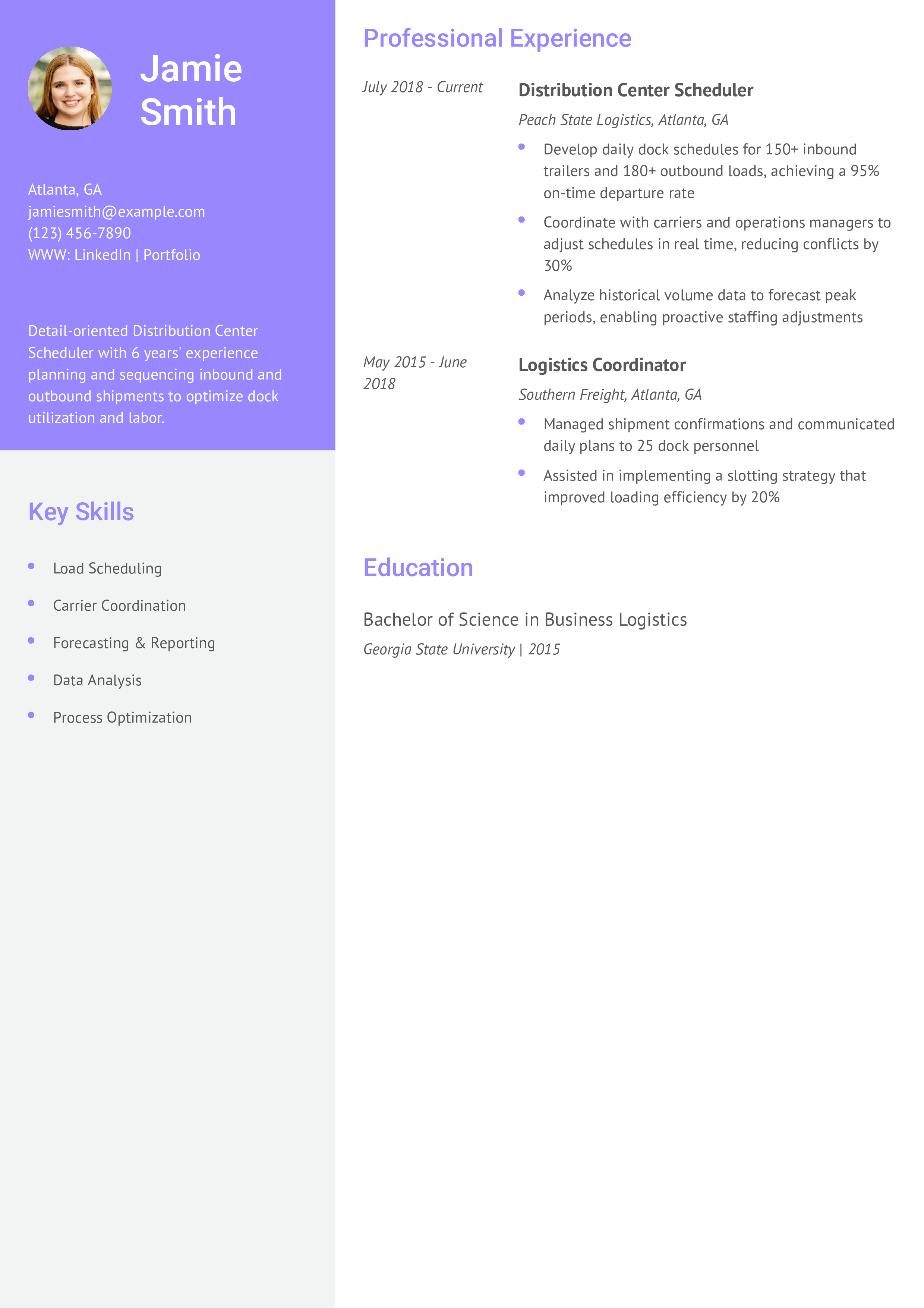 Distribution Center Scheduler Resume Example