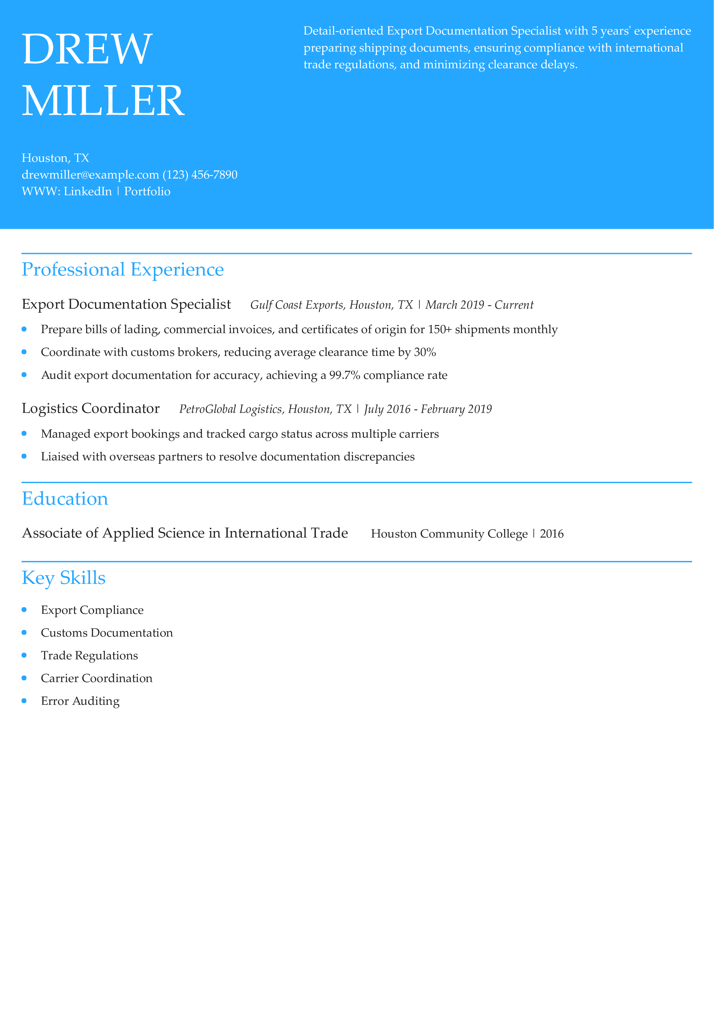 Export Documentation Specialist Resume Example