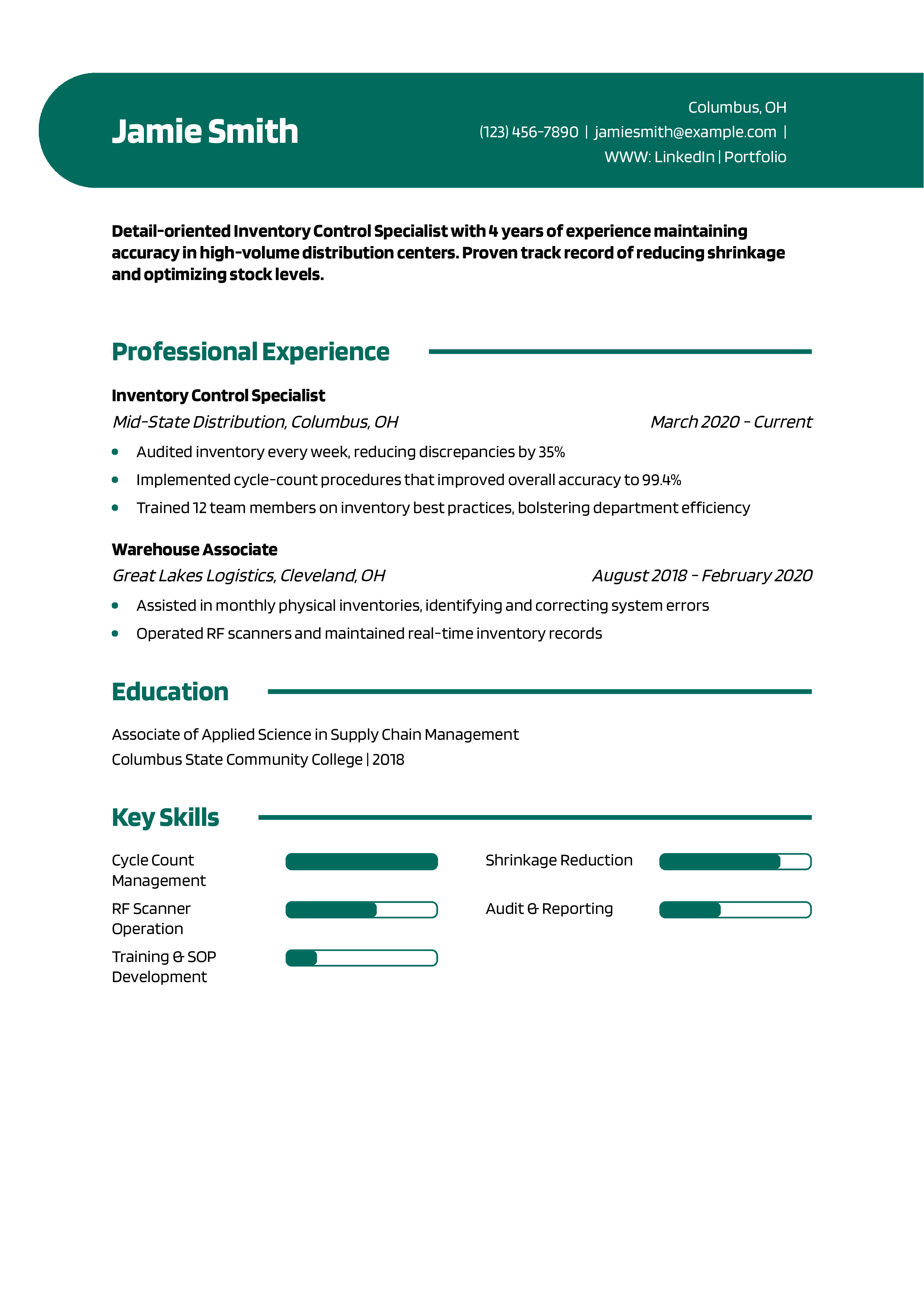 Inventory Control Specialist Resume Example