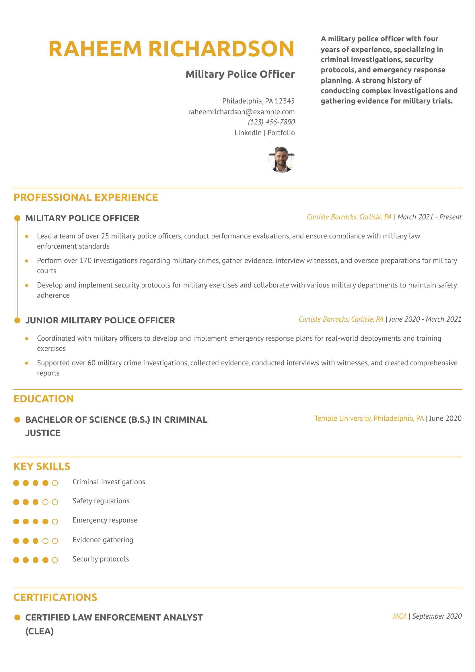 Military Police Officer Resume Example