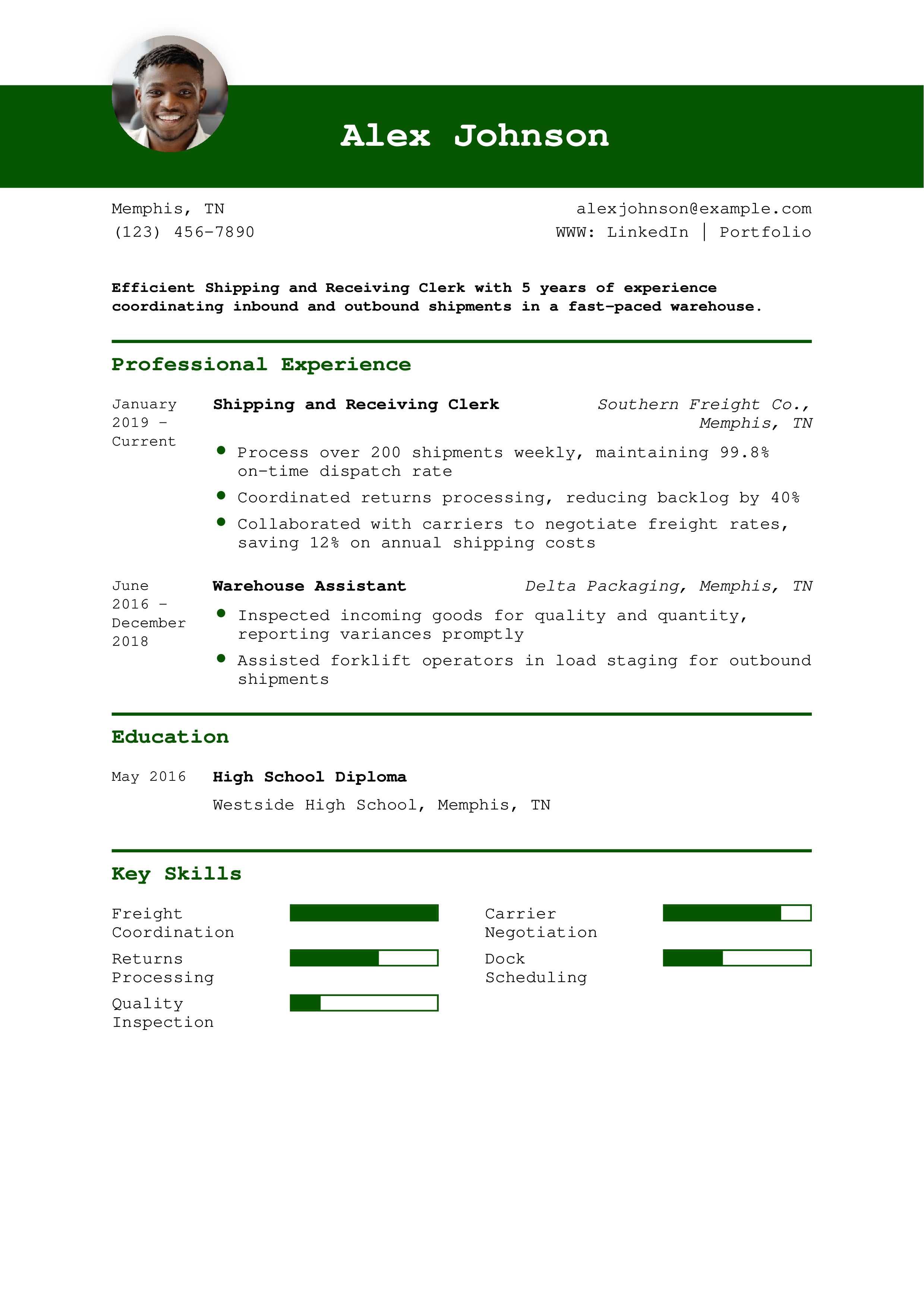 Shipping and Receiving Clerk Resume Example